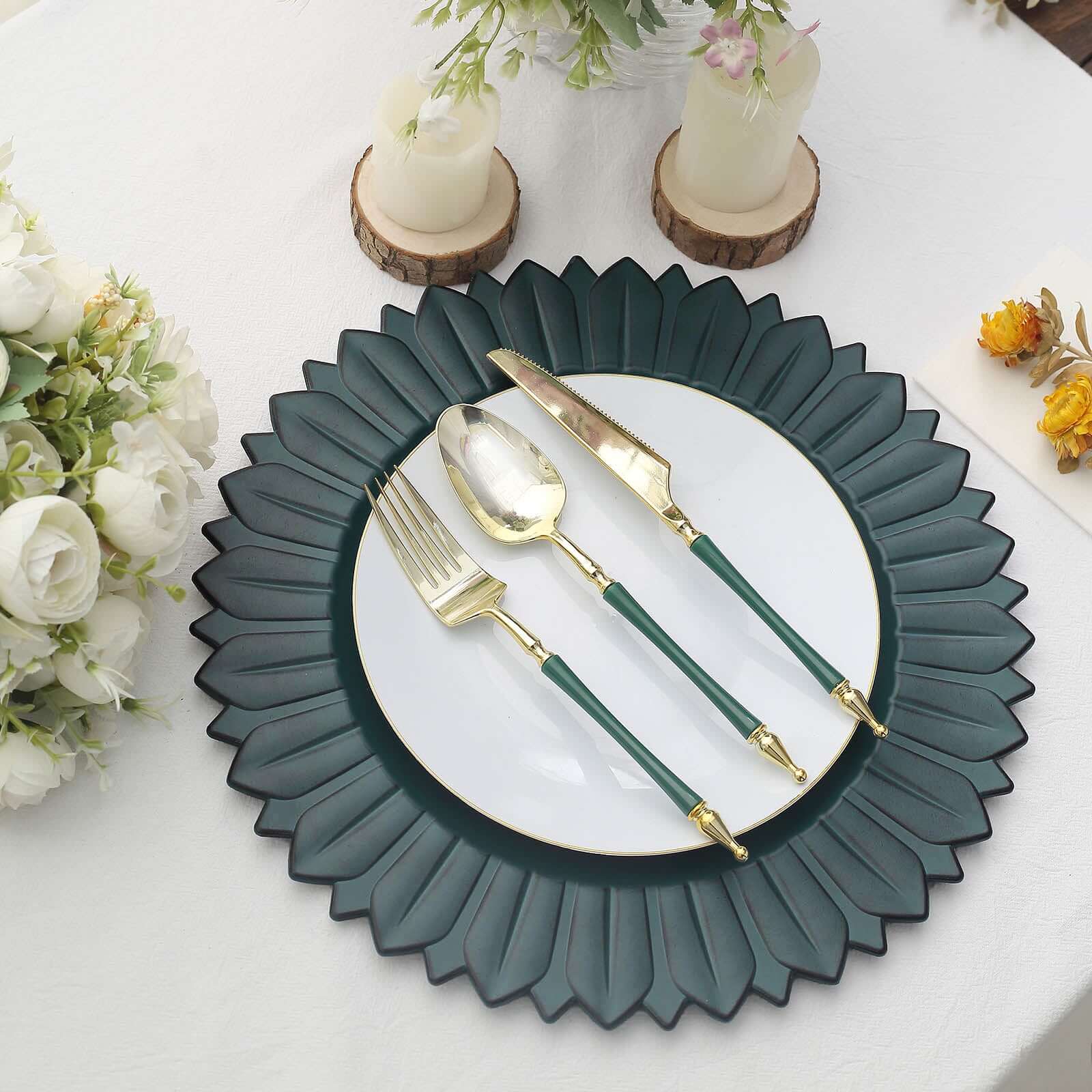 6-Piece Set of 13-Inch Matte Teal Plastic Round Charger Plates with Sunflower Rim