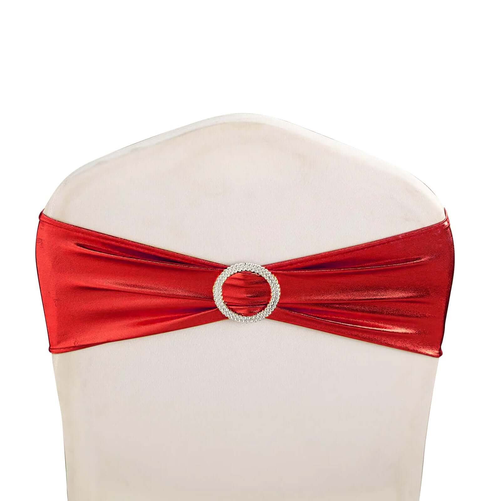 5-Pack Metallic Red Spandex Chair Sashes with Round Diamond Buckles - Stretch Fit for Parties