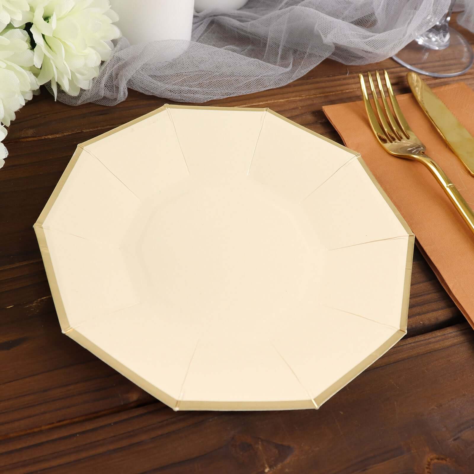 Get 25-Pack of 7-Inch Beige Paper Appetizer Plates with Stylish Gold Foil Rim