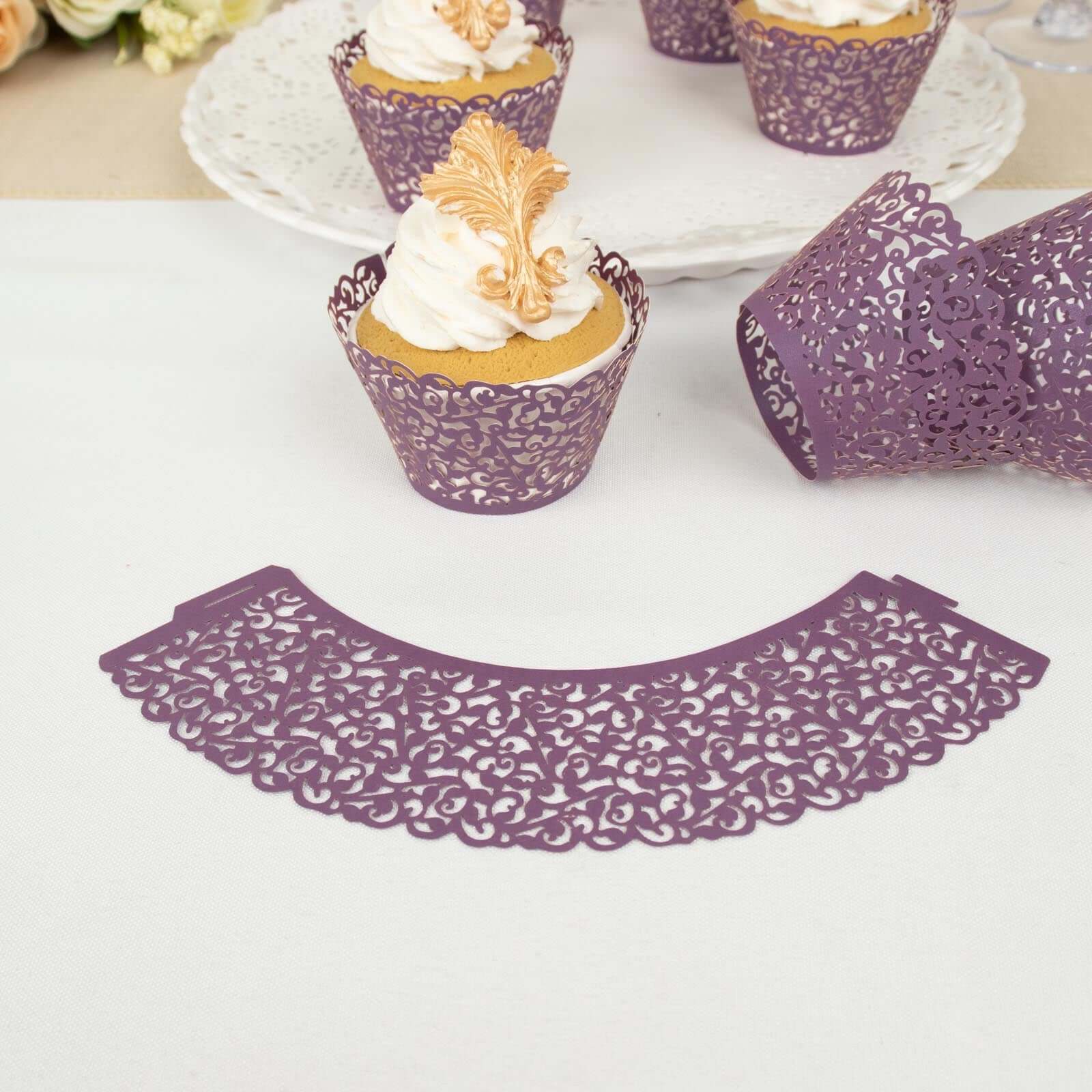 25-Piece Purple Lace Laser-Cut Paper Cupcake Wrappers for Event Baking