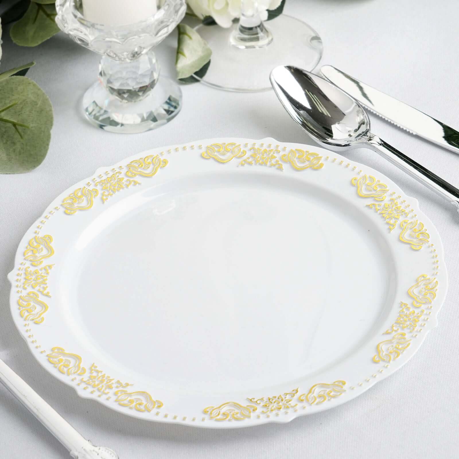 10-Pack White Plastic Round Appetizer Plates with Gold Embossed Scalloped Edge for Special Events
