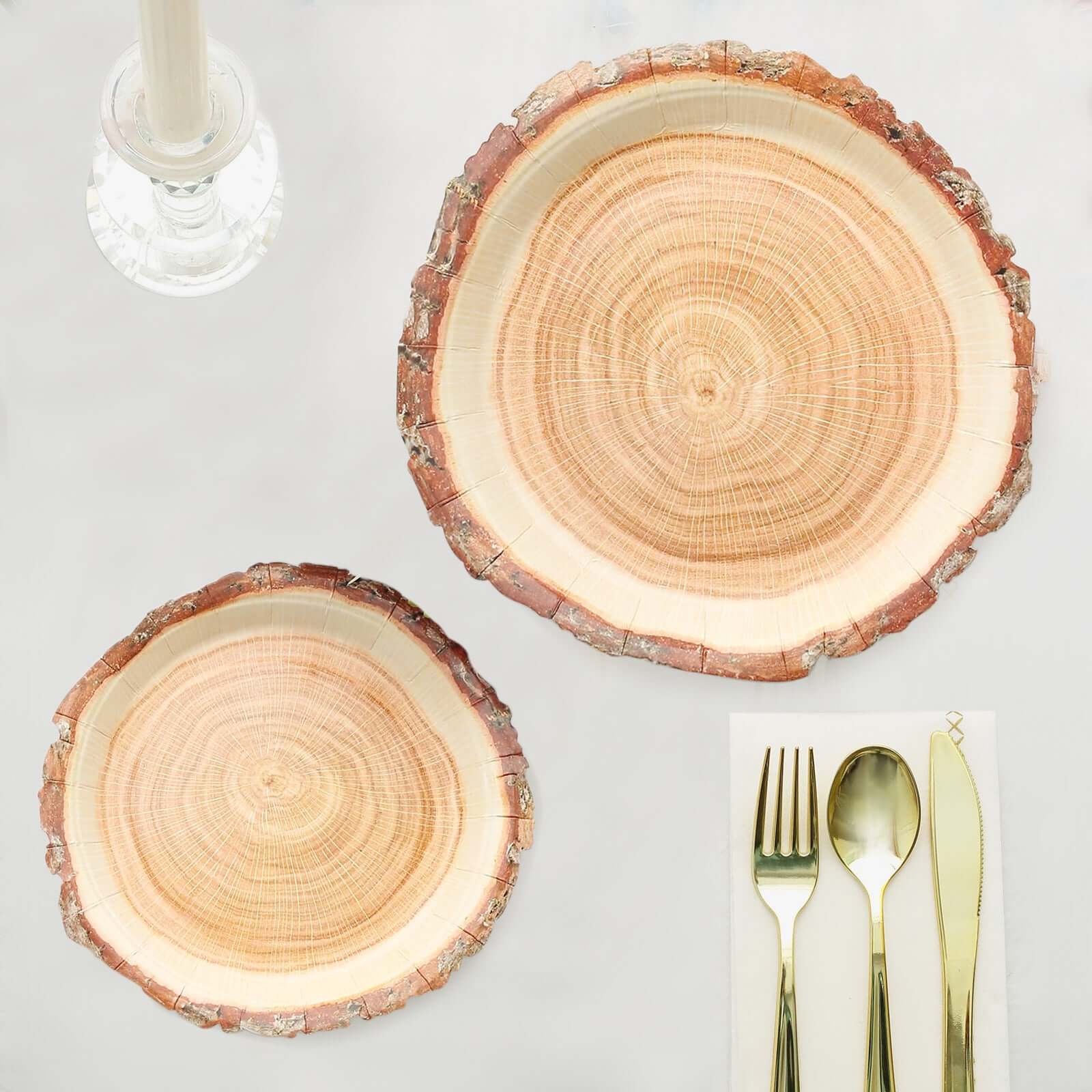 Get 25-Piece Set of Disposable Round Dinner Paper Plates with Rustic Natural Wood Slice Print