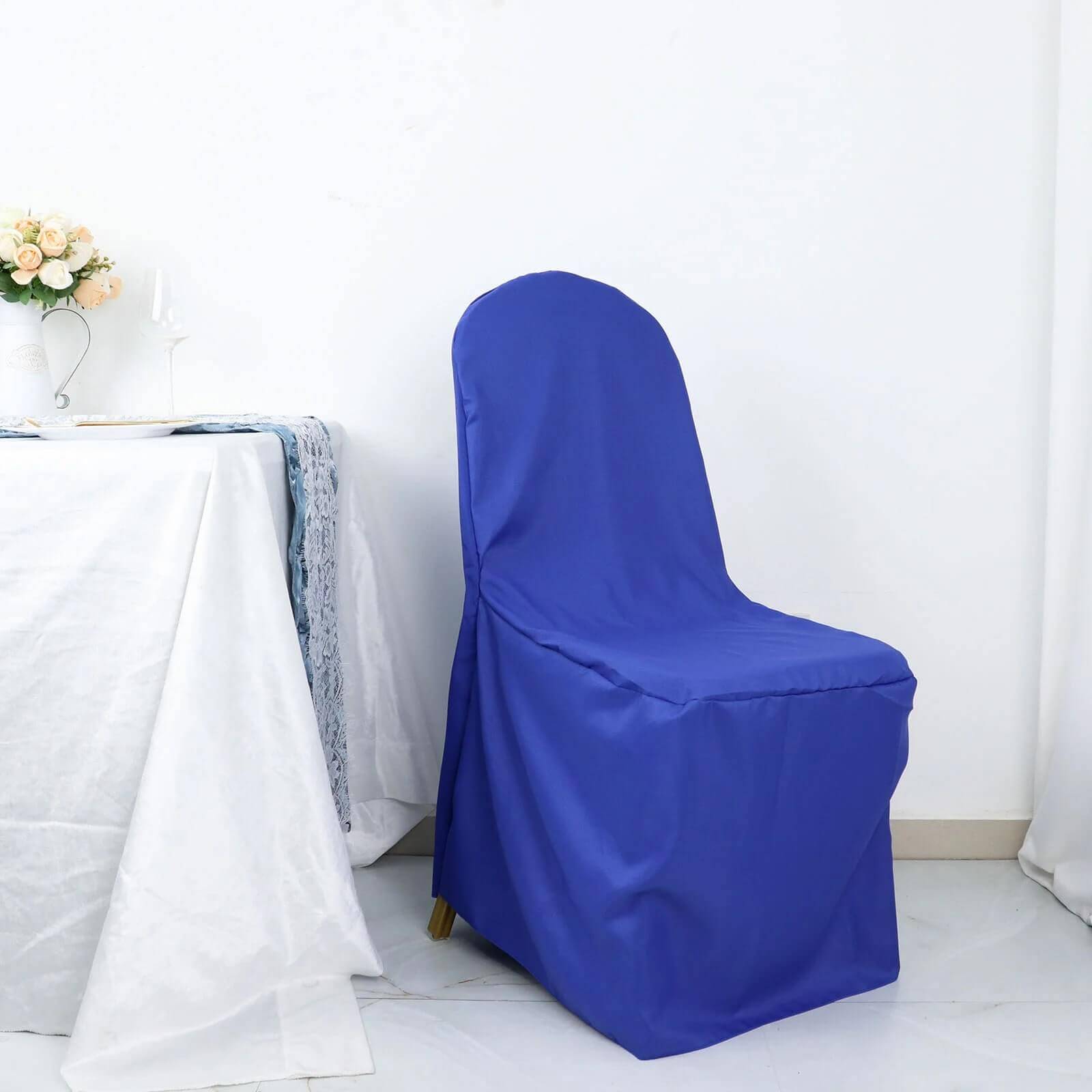 10-Pack Royal Blue Polyester Slip-On Chair Covers for Banquets - Stain & Wrinkle Resistant