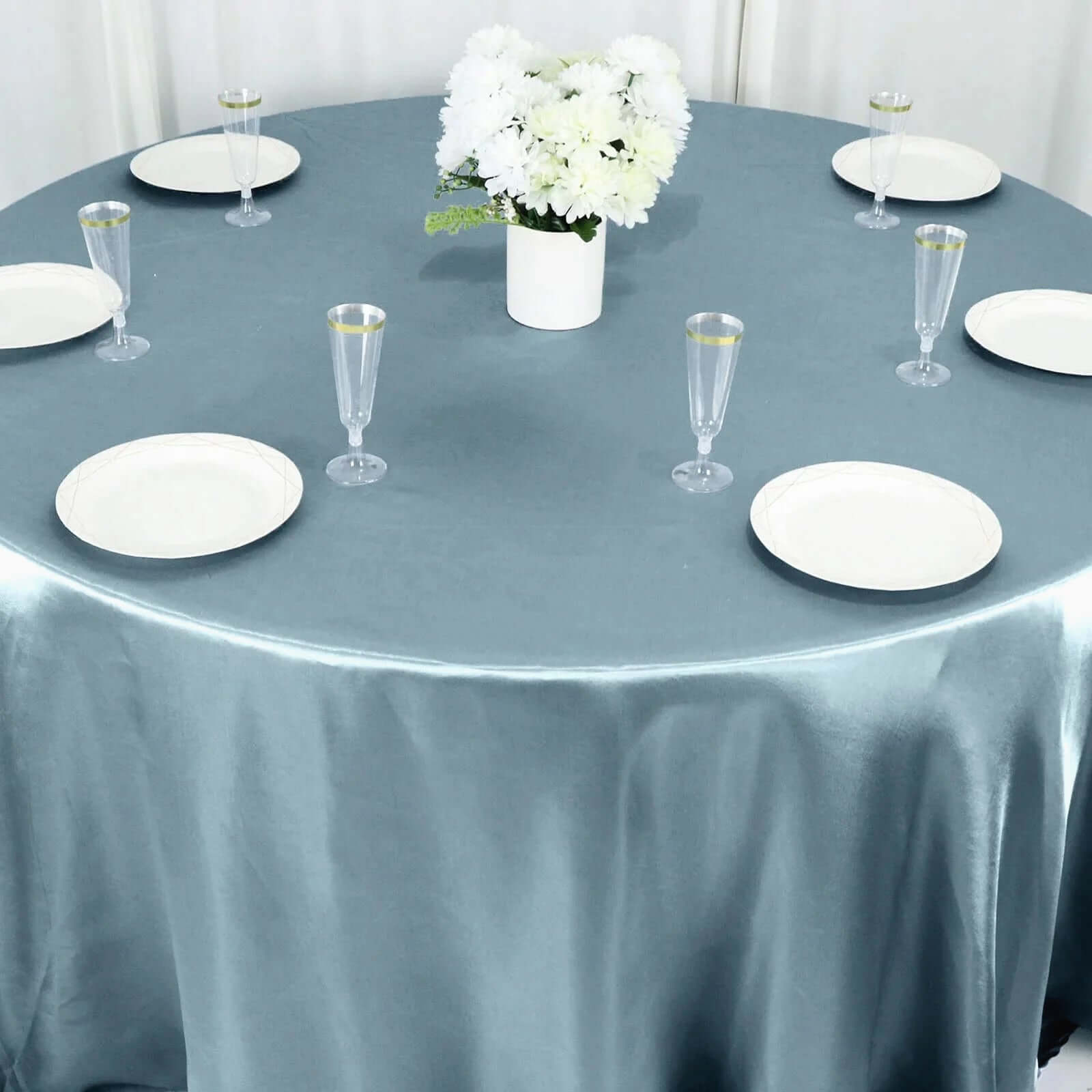 Stylish Seamless Dusty Blue Satin 132-Inch Round Tablecloth