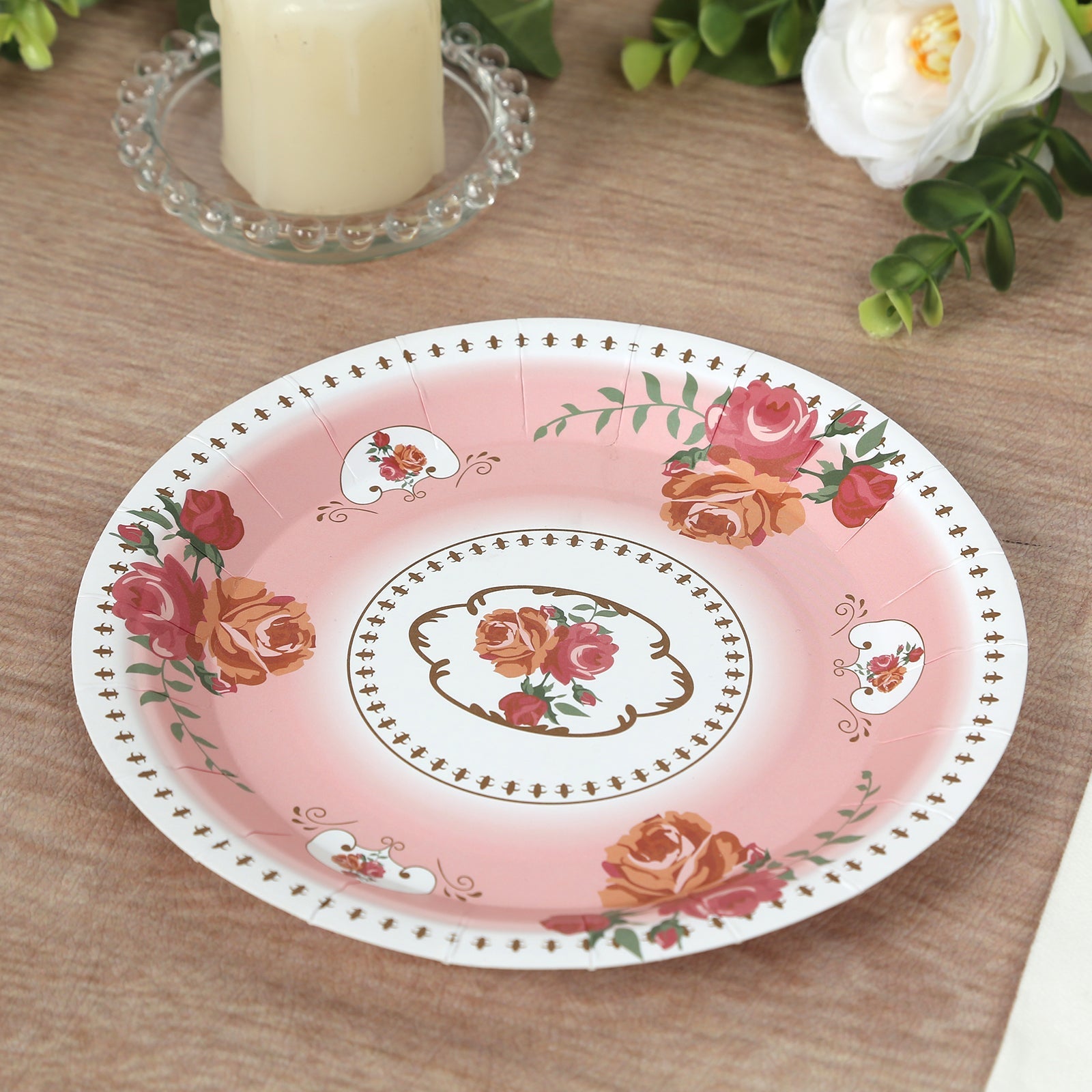 25-Pack 9-Inch Dusty Rose Vintage Rose Print Disposable Paper Dinner Plates - High Quality!