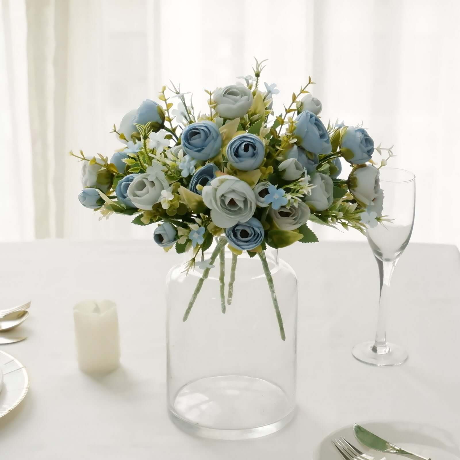 4-Pack Dusty Blue Artificial Ranunculus Silk Flower Bouquets for Bridal and Decor