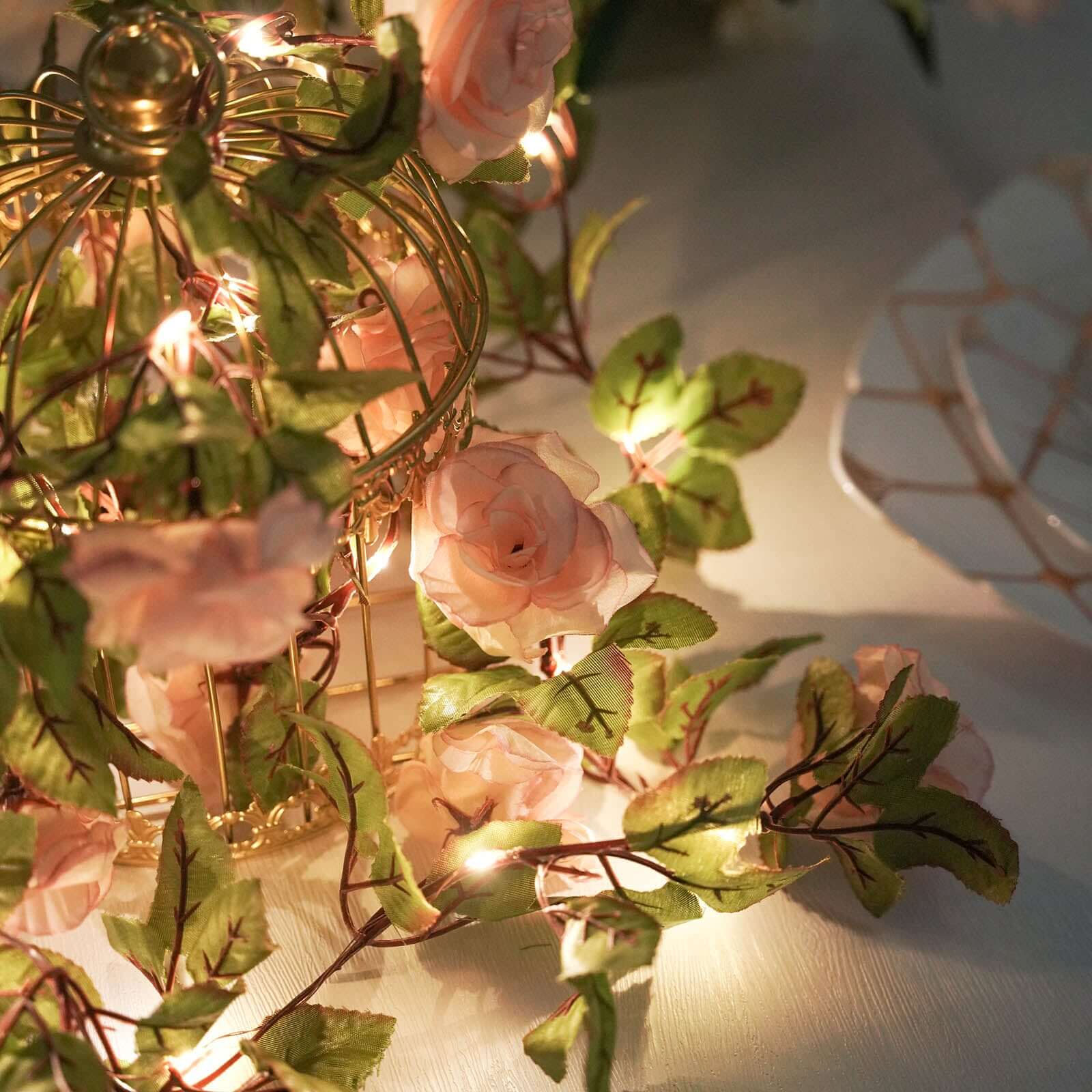 7ft LED Blush Silk Rose Garland with Warm White Battery - Operated Lights, Perfect for Decor
