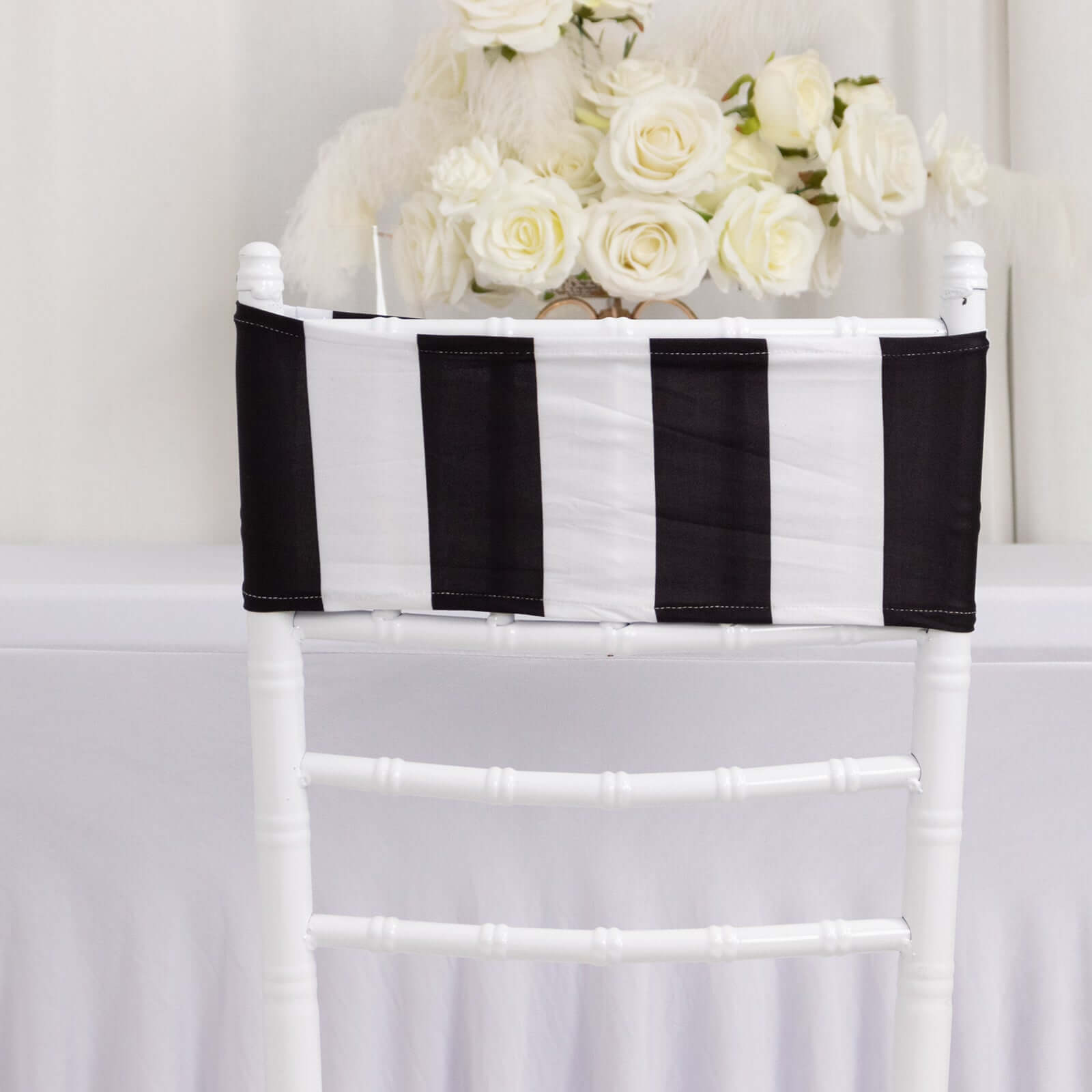 5-Pack Black/White Vertical Striped Spandex Chair Sashes - Wrinkle-Free & Easy to Use for Stunning Decor