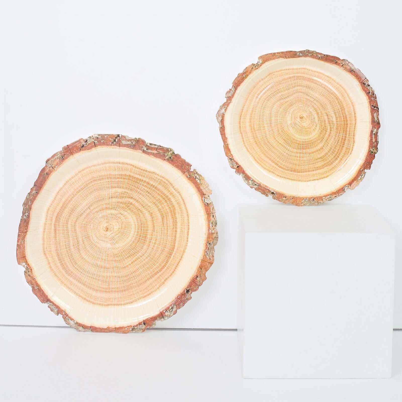 Get 25-Piece Set of Disposable Round Dinner Paper Plates with Rustic Natural Wood Slice Print