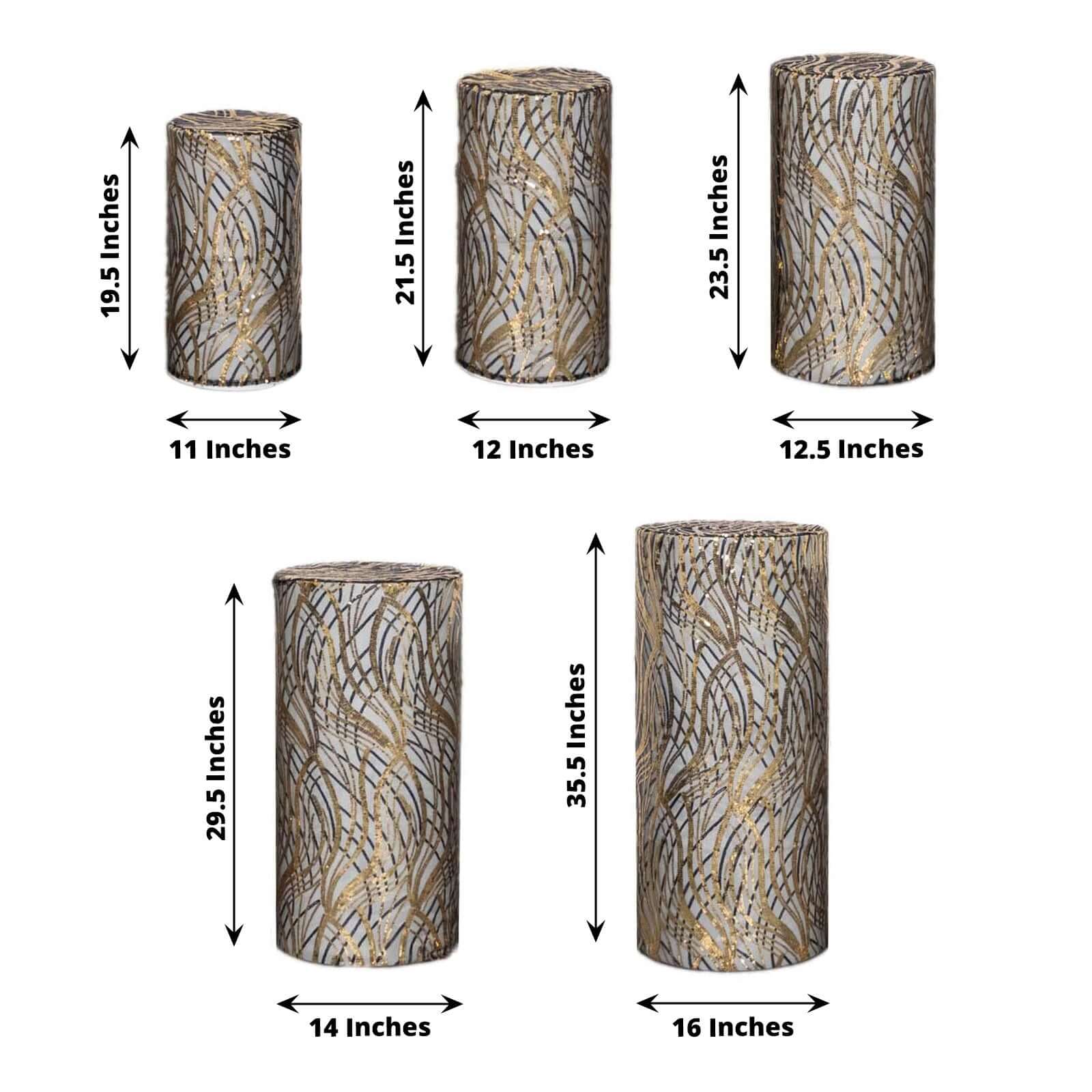 Hot! Set of 5 Embroidered Sequin Black Wave Mesh Cylinder Pedestal Stand Covers