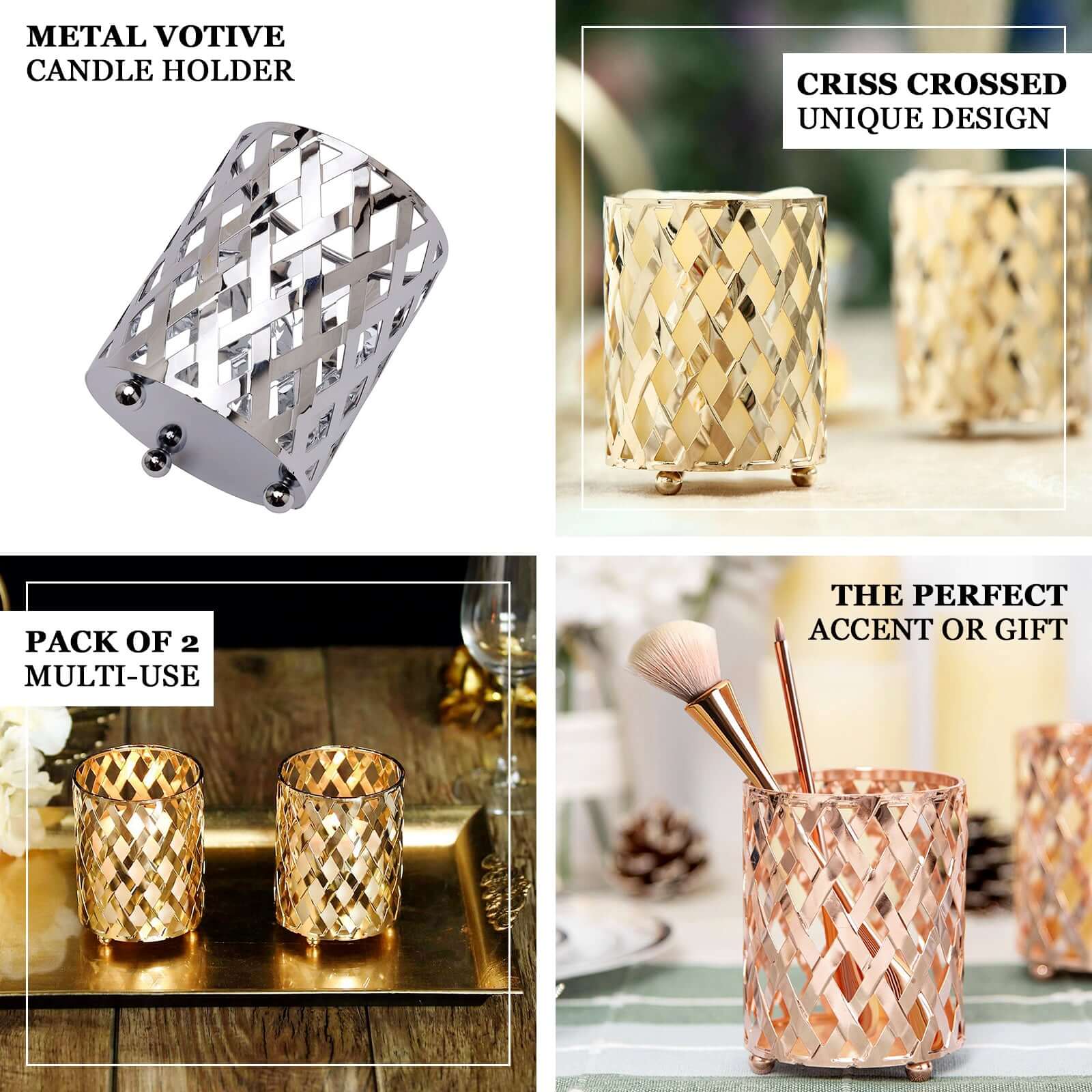 2-Piece Gold Metal Votive Candle Holders with Diamond Cut Geometric Design for Home and Events