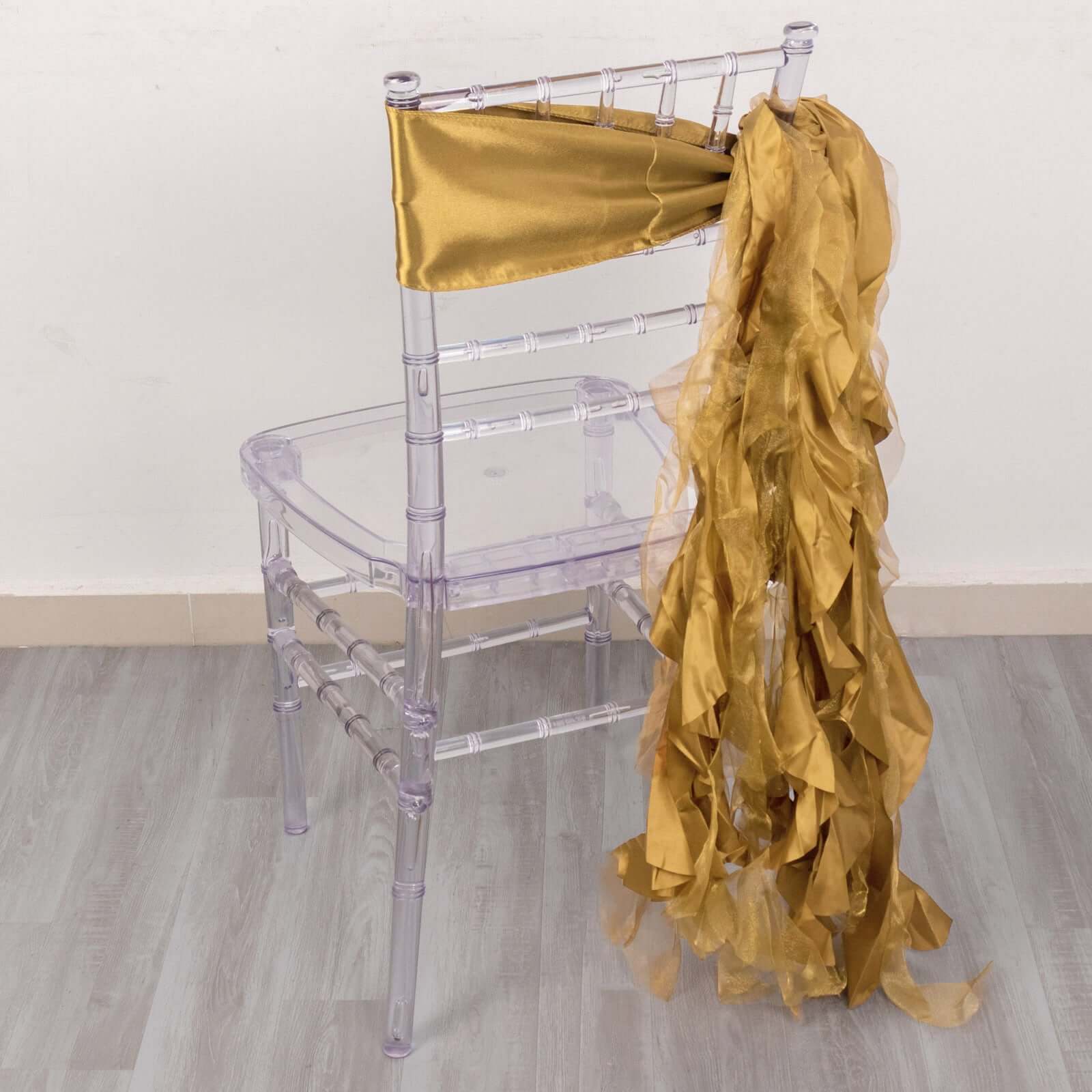 5-Pack Gold Chiffon Satin Curly Willow Chair Sashes - Easy Install, Ideal for Weddings