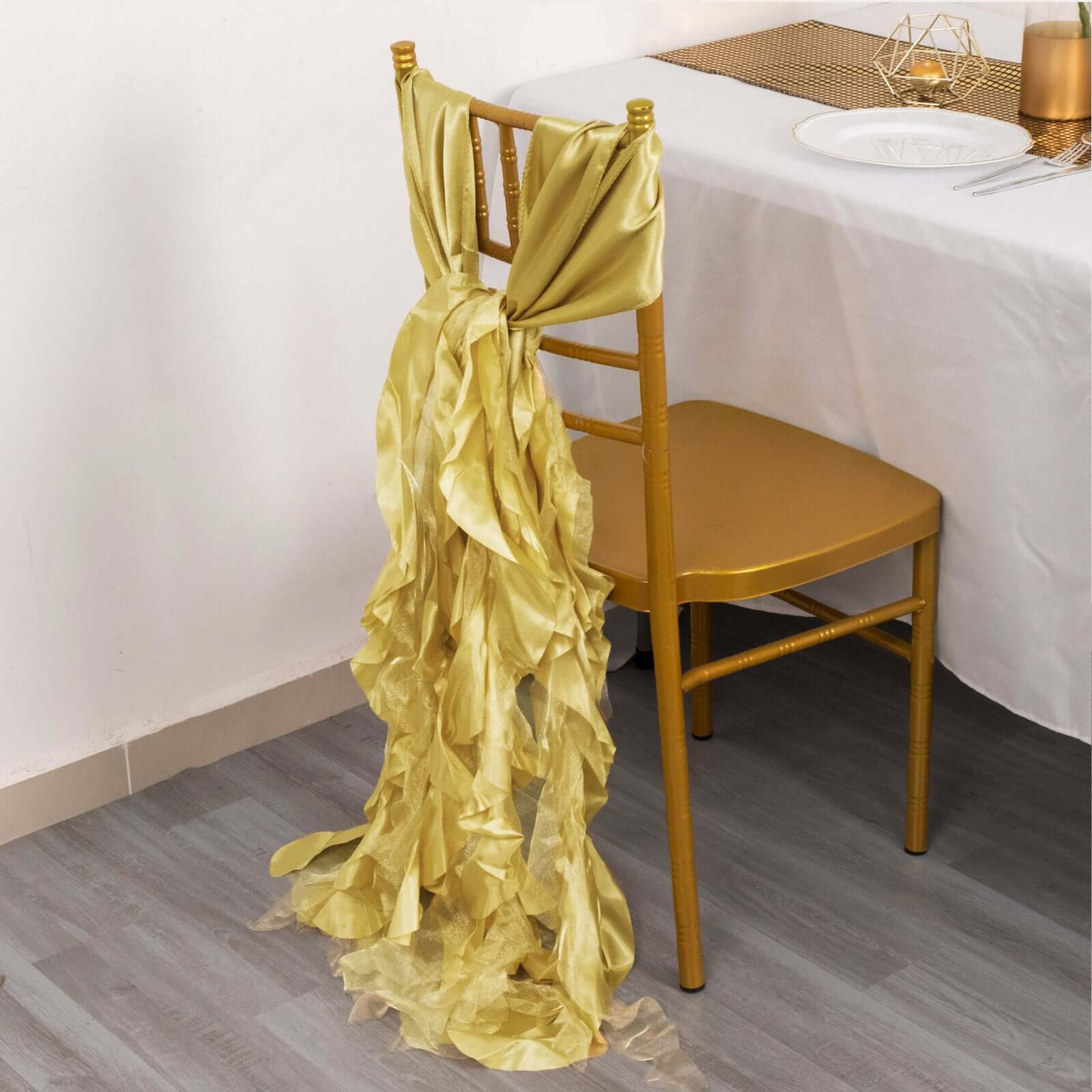 Hot Deal! 5-Piece Champagne Chiffon Satin Chair Sashes with Curly Willow Style