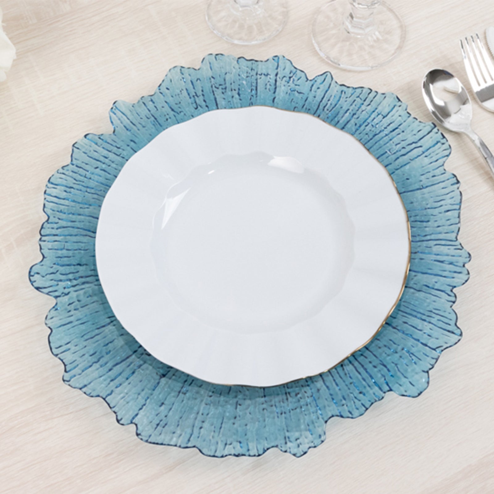 Hot Sale! 6-Pack 13-Inch Transparent Dusty Blue Acrylic Round Charger Plates with Reef Design