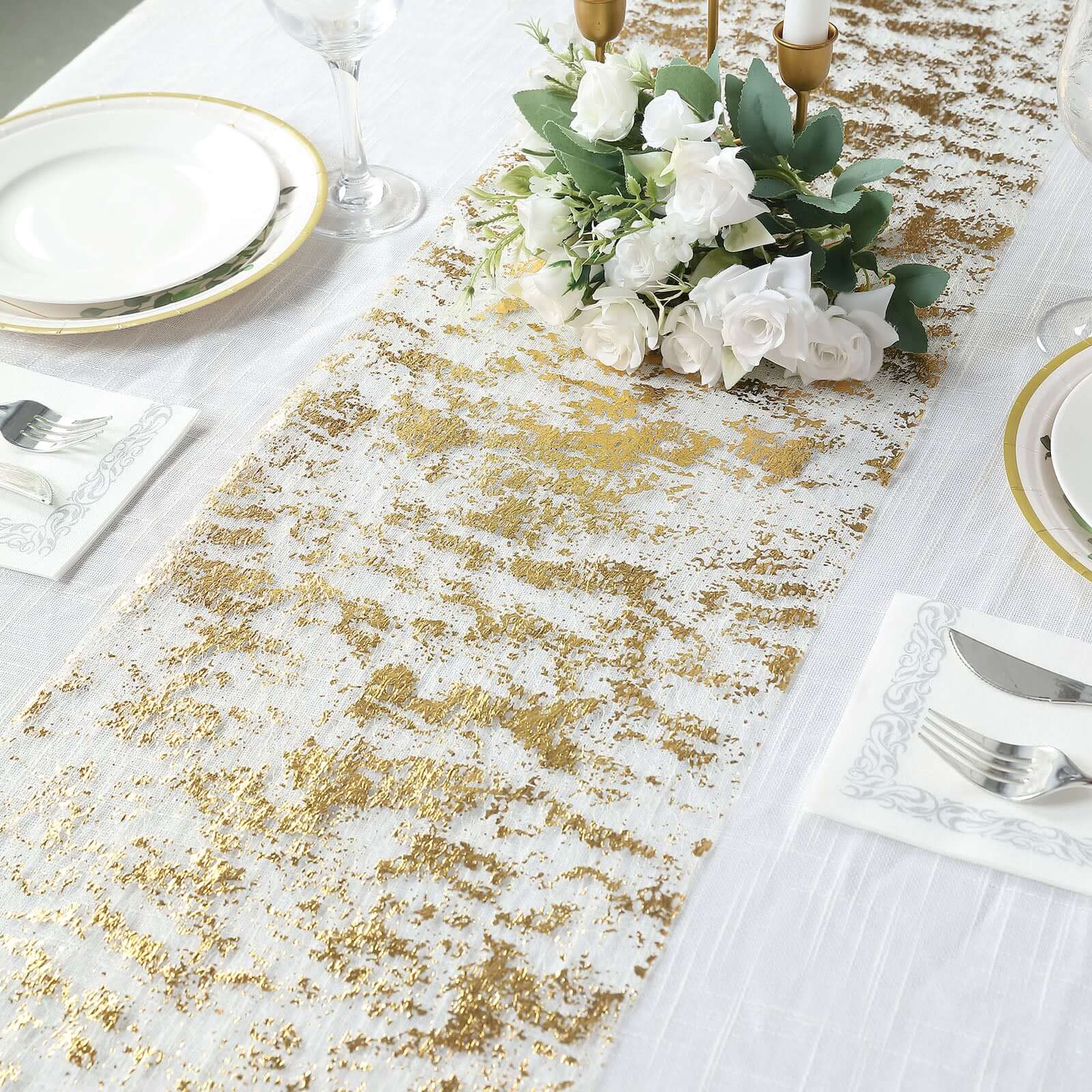Hot! Disposable Metallic Gold Polyester Table Runner Roll with Distressed Foil Printing for Party Decor