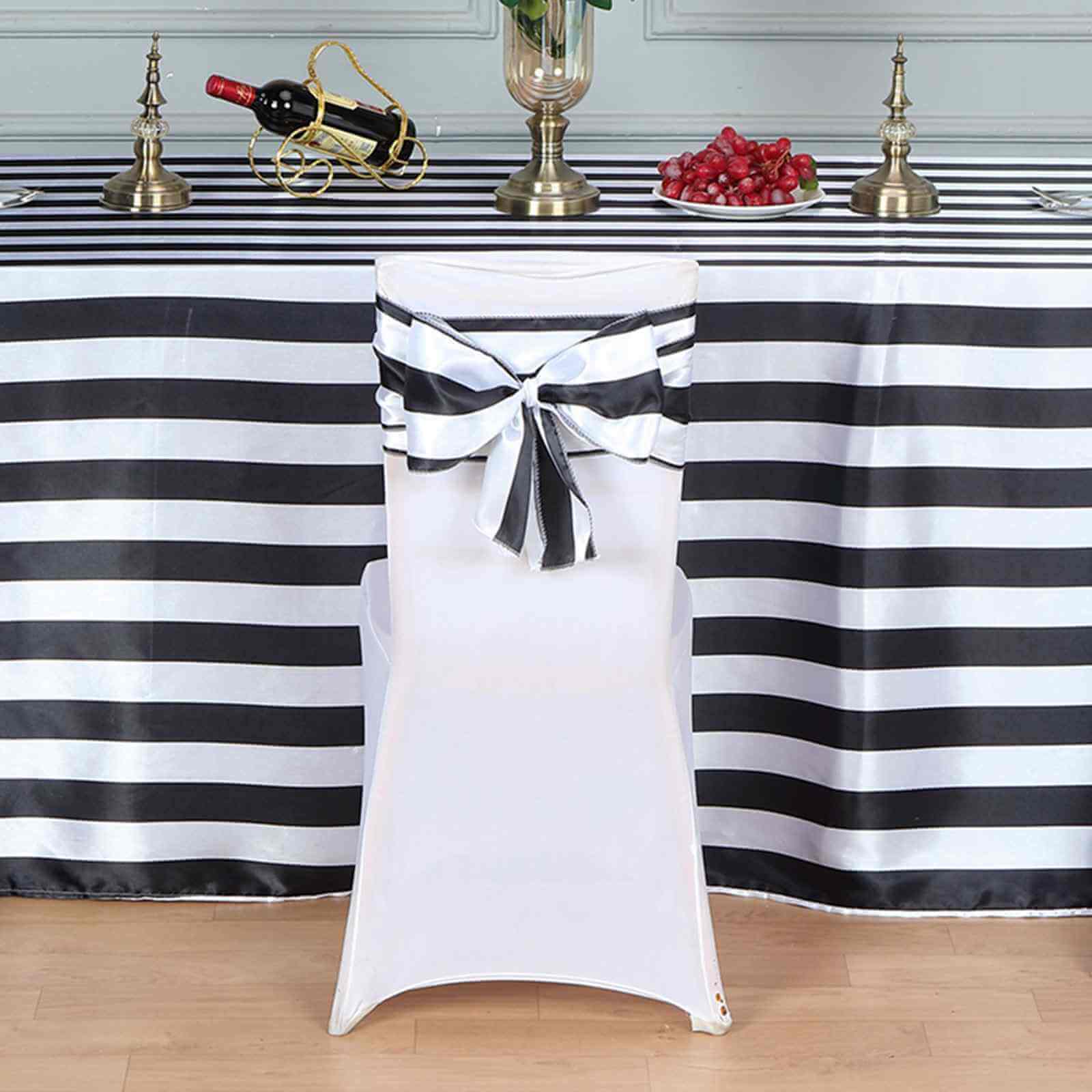 5-Pack Satin Chair Sashes in Black/White Stripes - Ideal Decor for Weddings and Gatherings