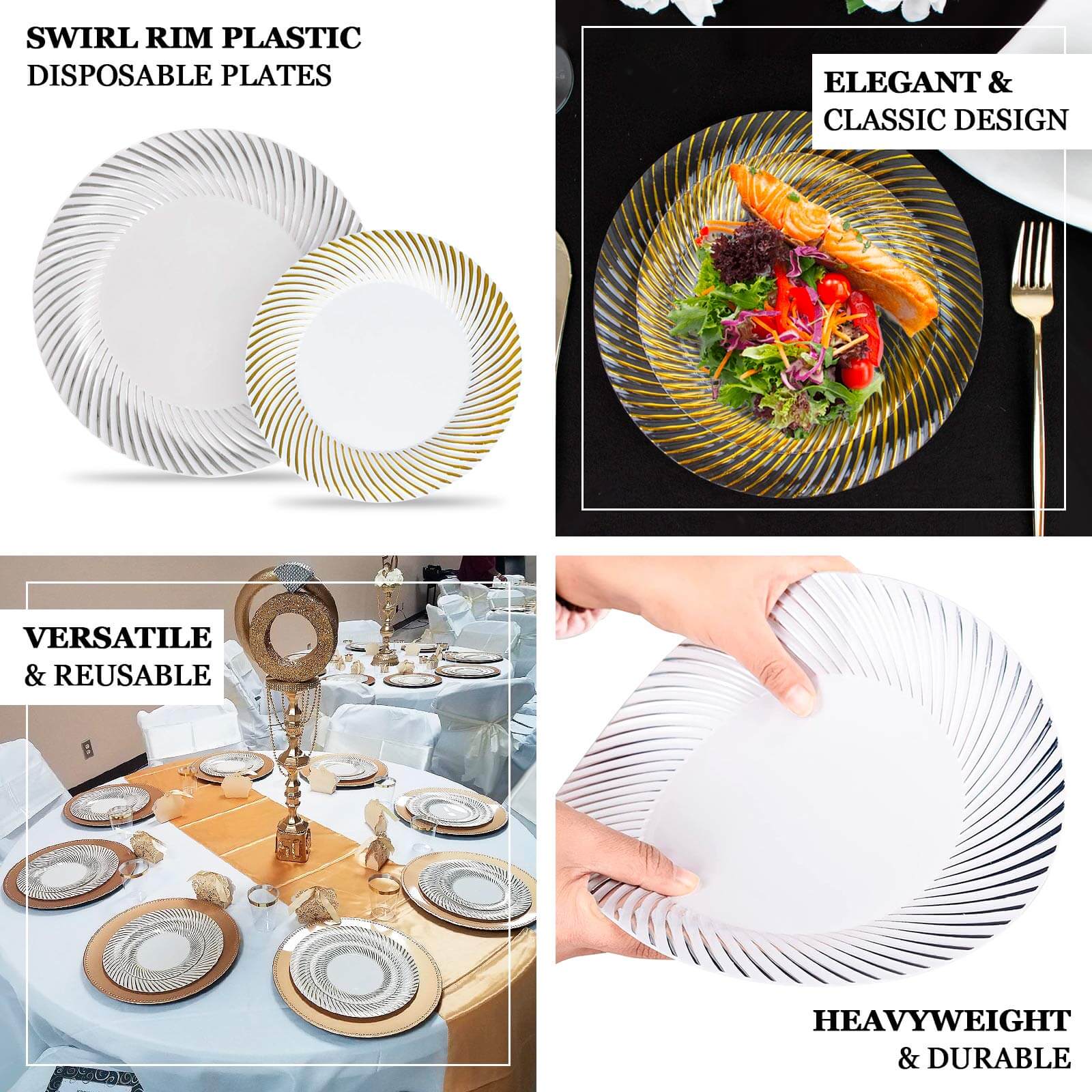 10-Pack Disposable White Dinner Plates with Gold Swirl Rim - Ideal for Parties