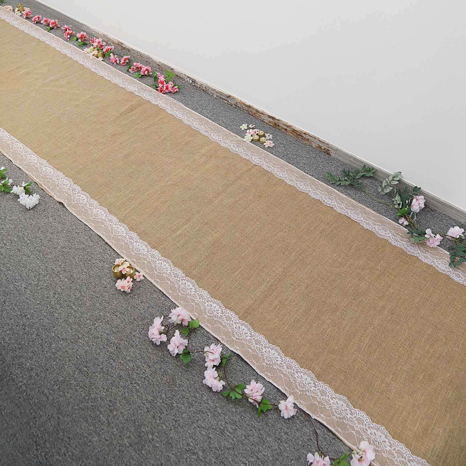 Get This Stunning 30ft Natural Jute Burlap Aisle Runner with Elegant White Floral Lace Borders