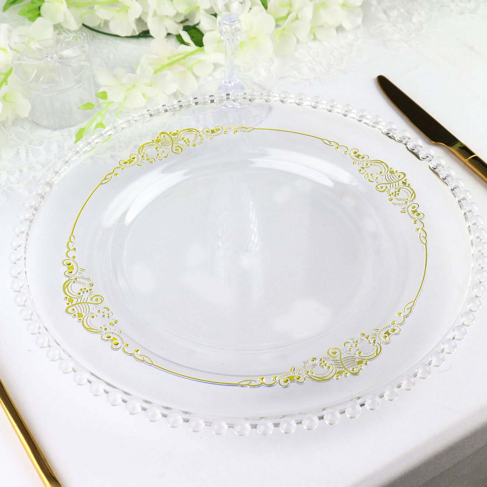 Hot Deal! 10-Pack Disposable Round Plastic Dinner Plates with Gold Leaf Embossed Rim in Vintage Baroque Style