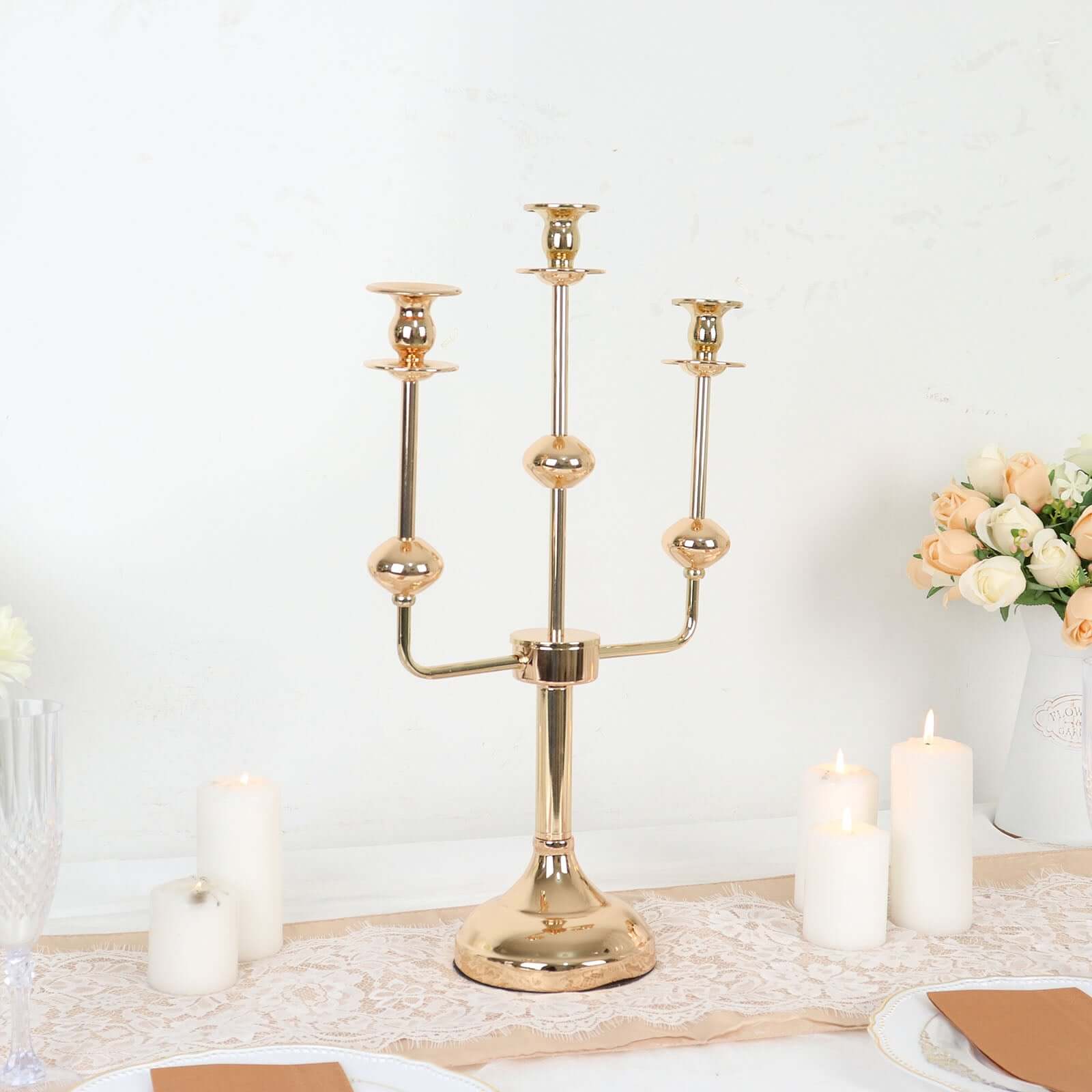 Gold Metal 3-Arm Taper Candelabra Candle Holder Stand - Ideal Wedding Centerpiece