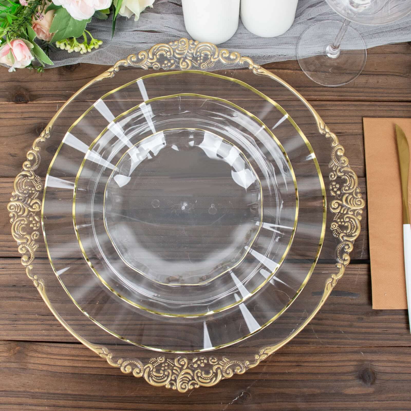 10-Pack Clear Plastic Round Dinner Plates with Gold Edging - Sturdy Disposable Delight