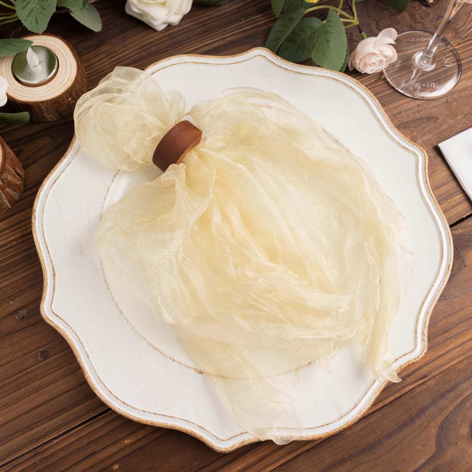 5-Pack Champagne Crinkled Organza Dinner Napkins for Rustic Parties and Weddings