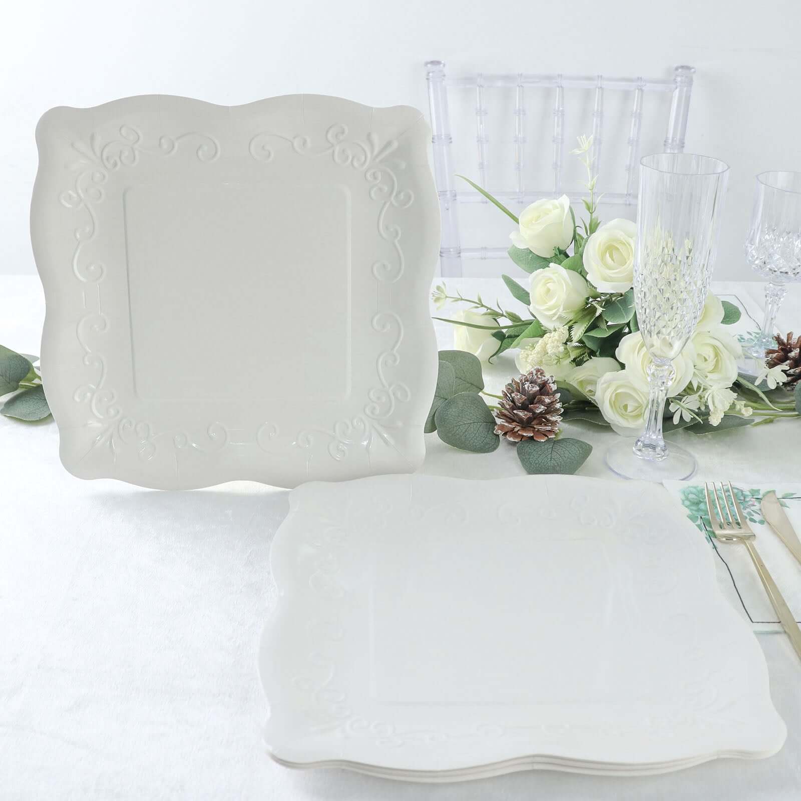 25-Pack Disposable White Square Dinner Plates with Vintage Pottery Embossed Design - Great Value!