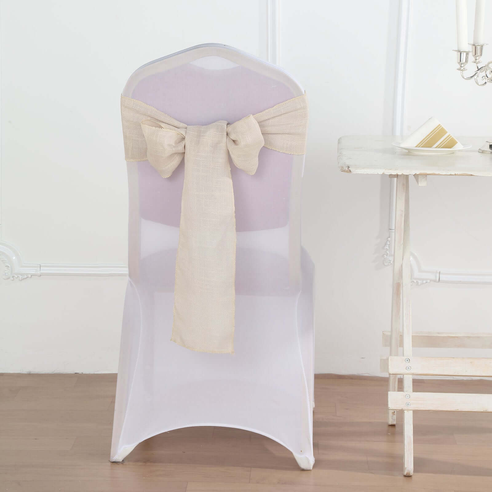 5-Pack Durable Wrinkle-Resistant Beige Faux Linen Chair Sashes for Events
