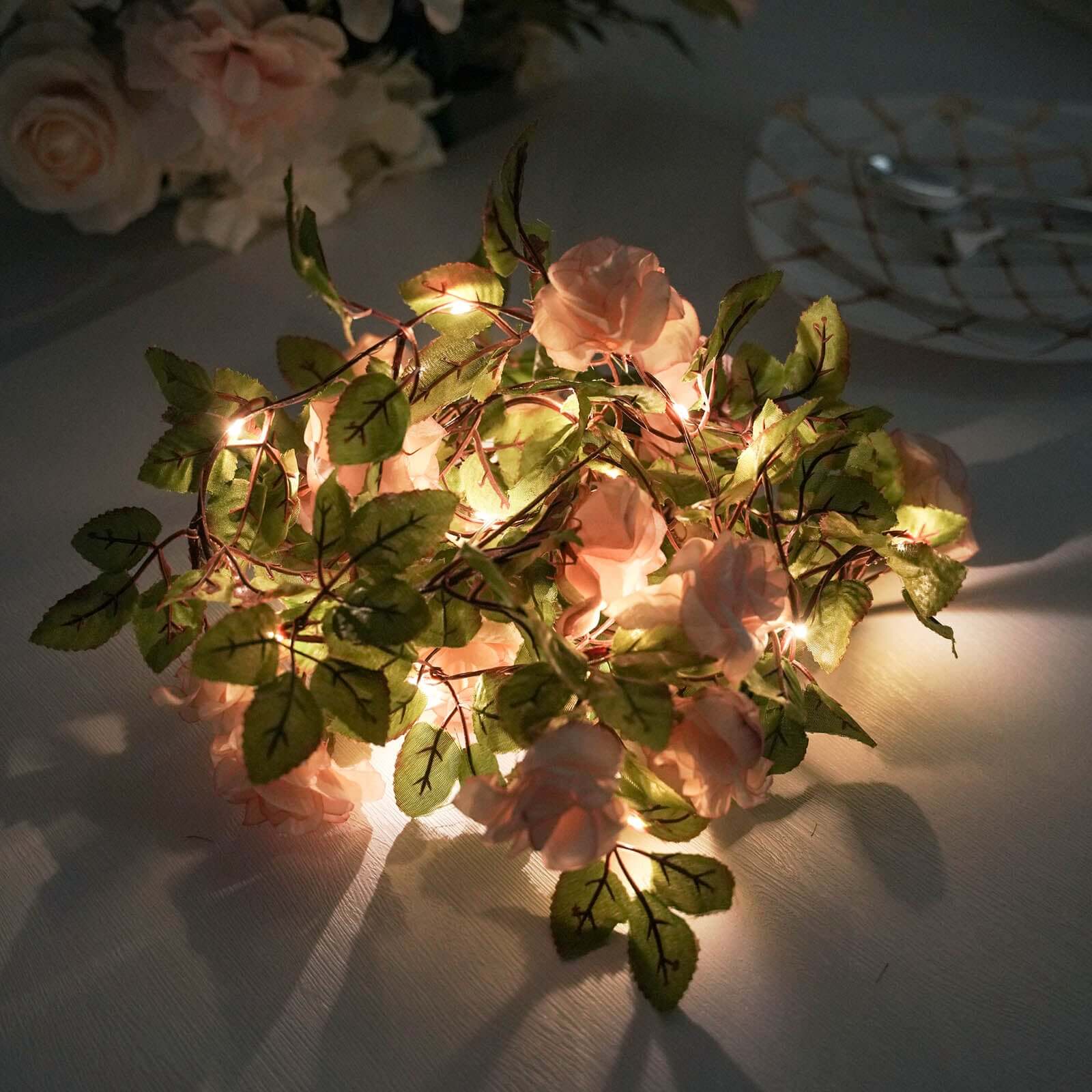 7ft LED Blush Silk Rose Garland with Warm White Battery - Operated Lights, Perfect for Decor