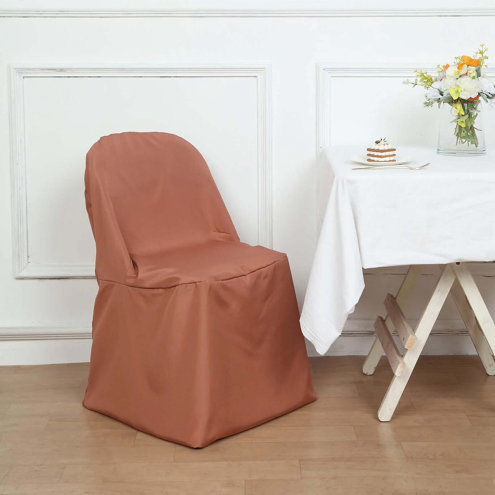 10-Piece Wrinkle-Free, Stain-Resistant Terracotta (Rust) Polyester Slip-On Chair Covers for Folding Chairs