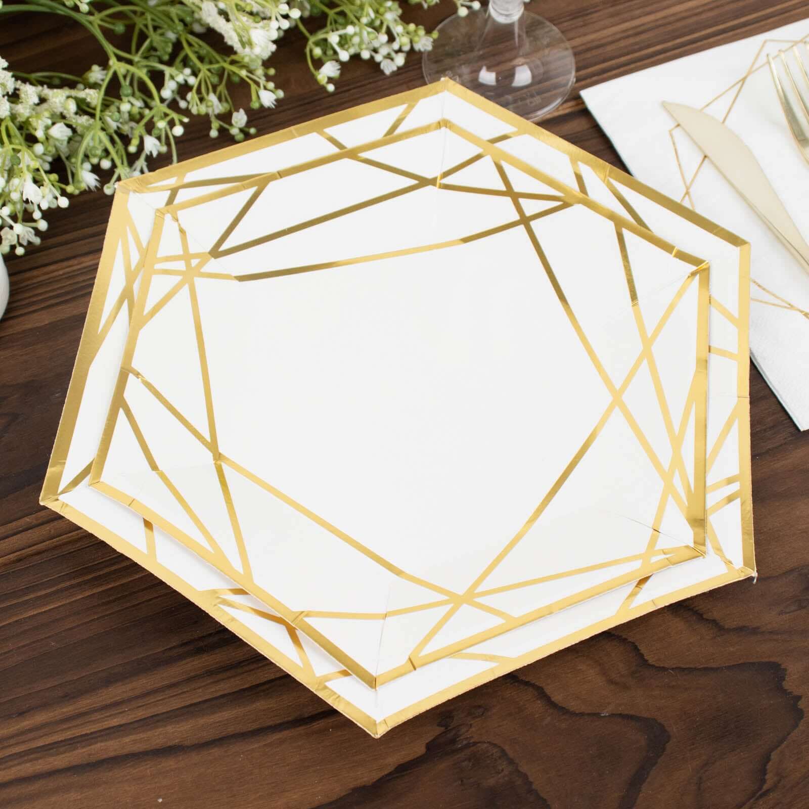 25-Pack White & Gold Geometric Hexagon Disposable Paper Appetizer and Salad Plates for Events
