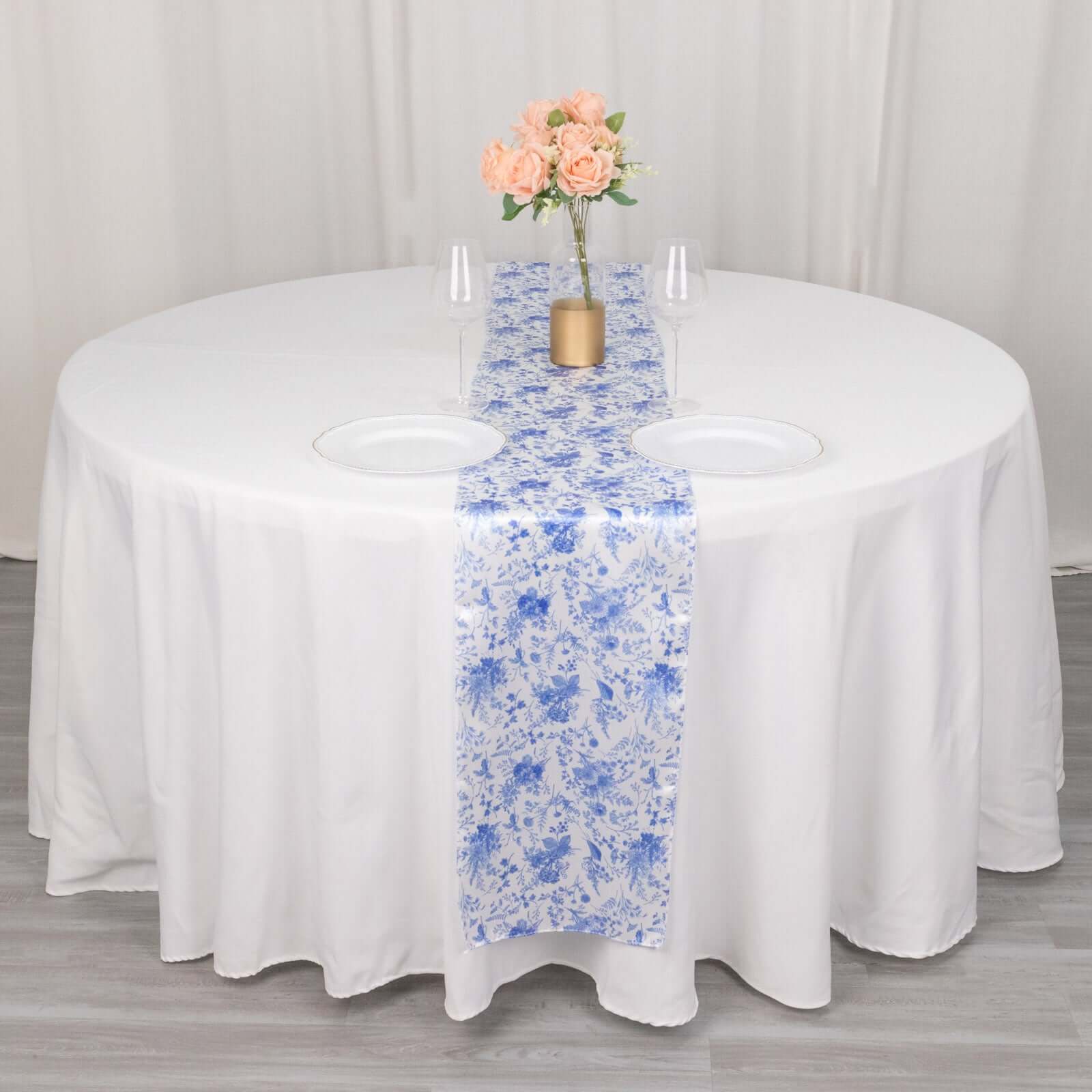 Get This Stunning White & Blue French Toile Floral Satin Table Runner for Upscale Events
