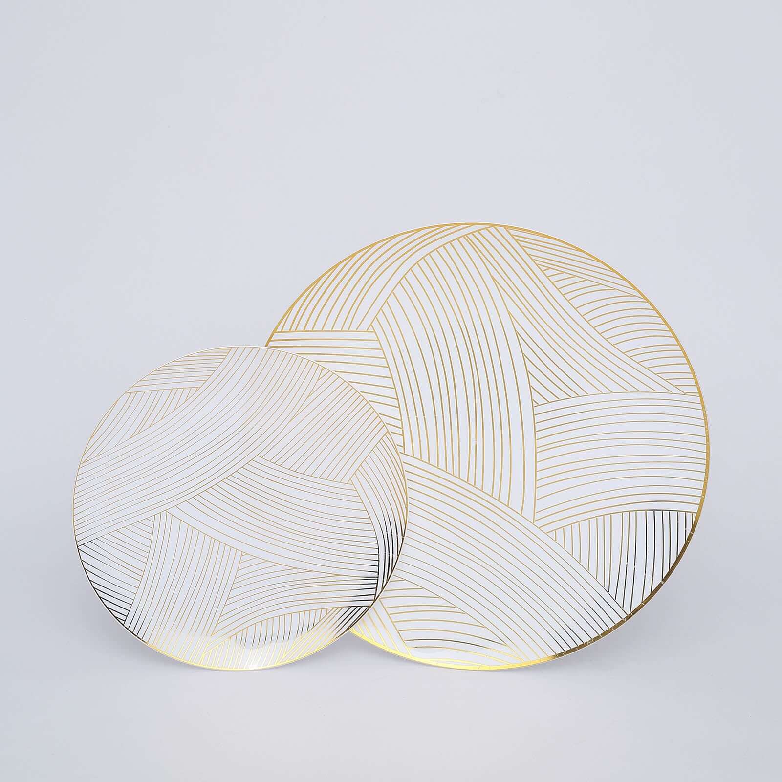 10-Pack Disposable White Plastic Round Dessert Plates with Gold Wave Pattern