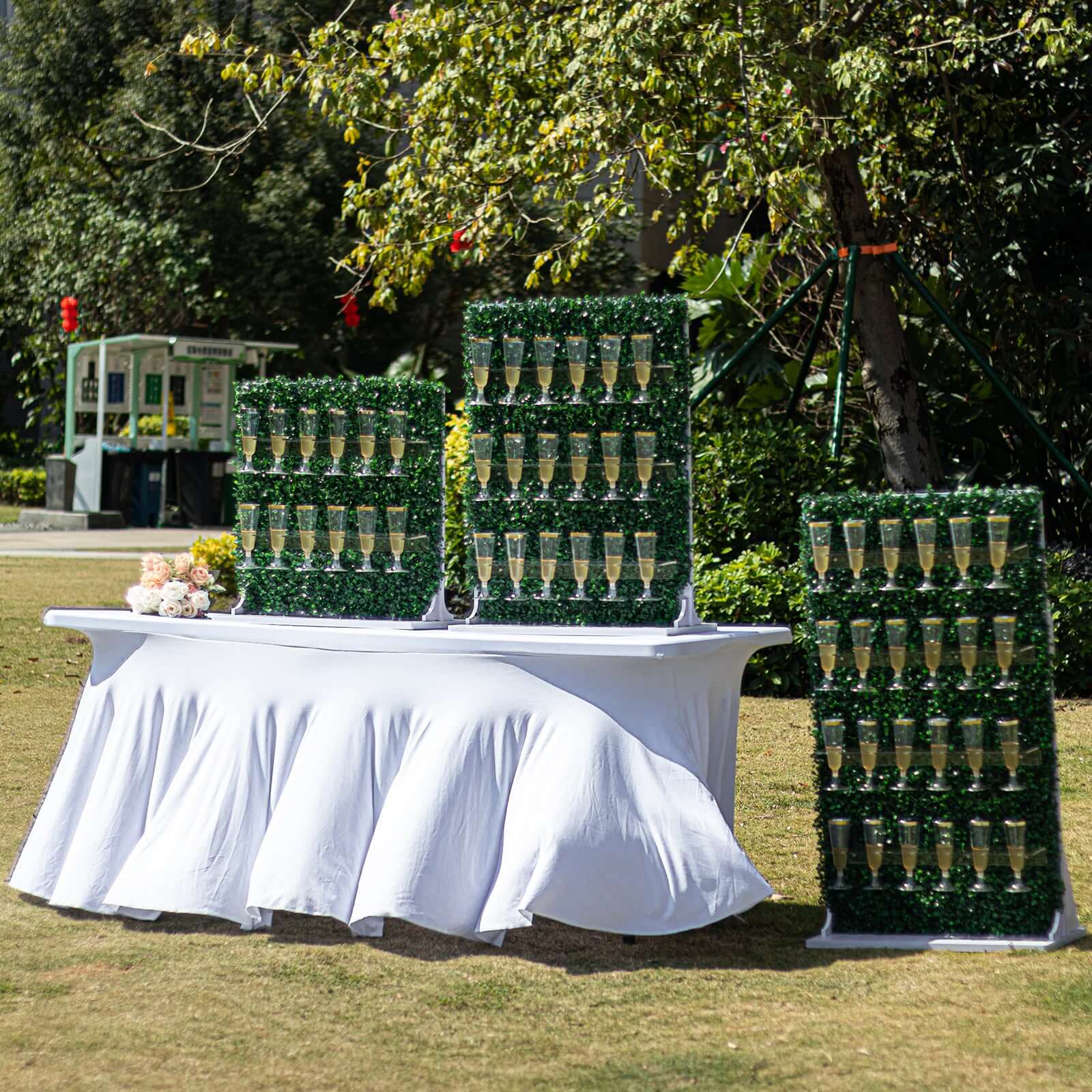 Exclusive Set of 3 Green Champagne Wall Glass Holders - Tiered Faux Boxwood Stemware Racks for Classy Events