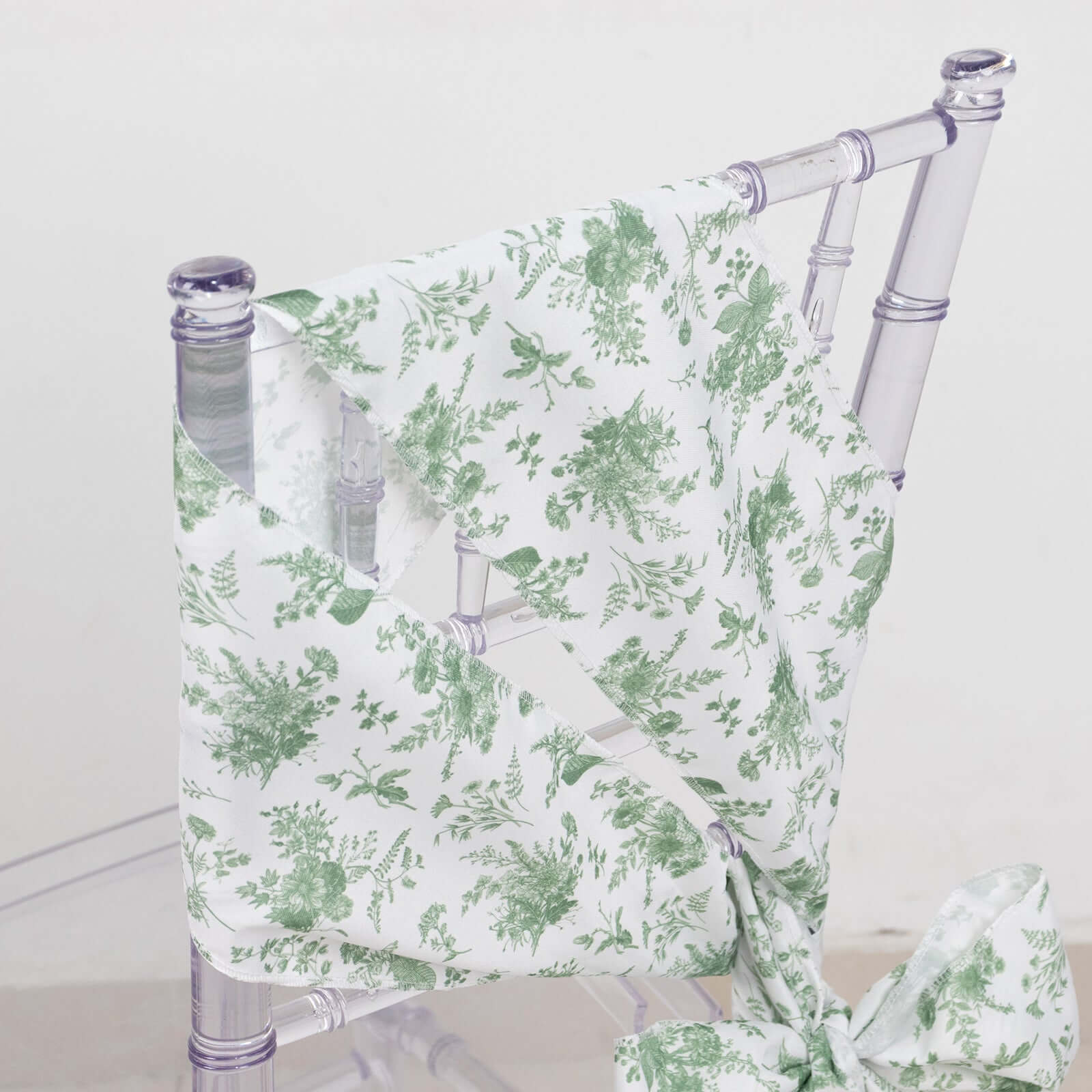 5-Pack French Toile Floral Polyester Chair Sashes in Dusty Sage Green - Stylish, Durable & Reusable