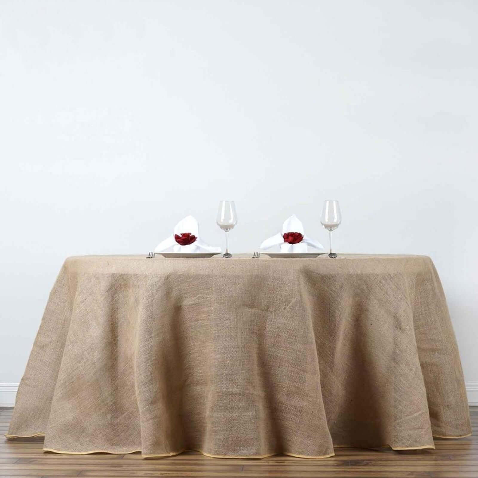 120-Inch Natural Burlap Jute Round Tablecloth for Rustic Boho Chic Decor