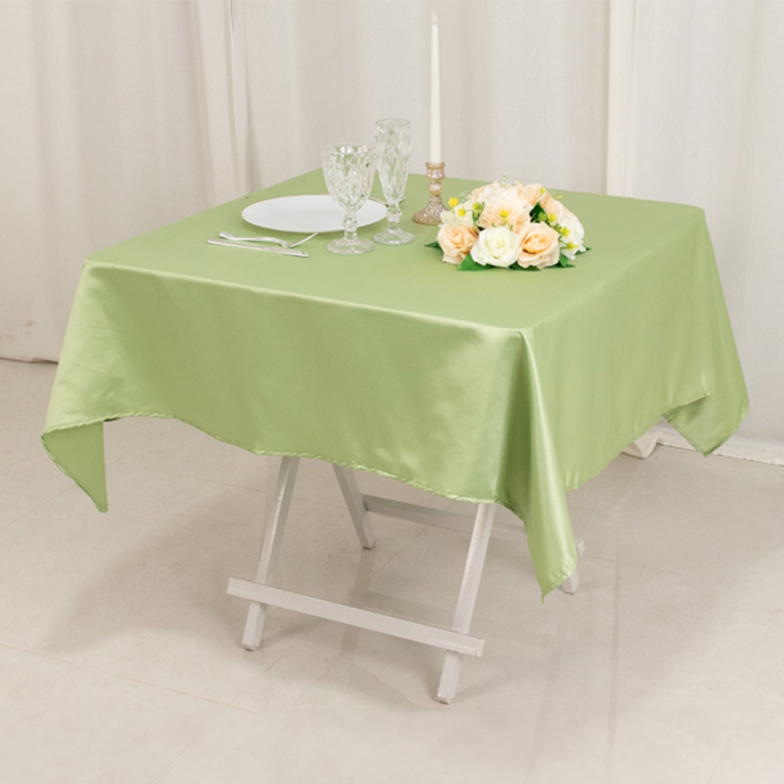 Sage Green 54x54 Durable Silk-Like Lamour Satin Square Table Overlay
