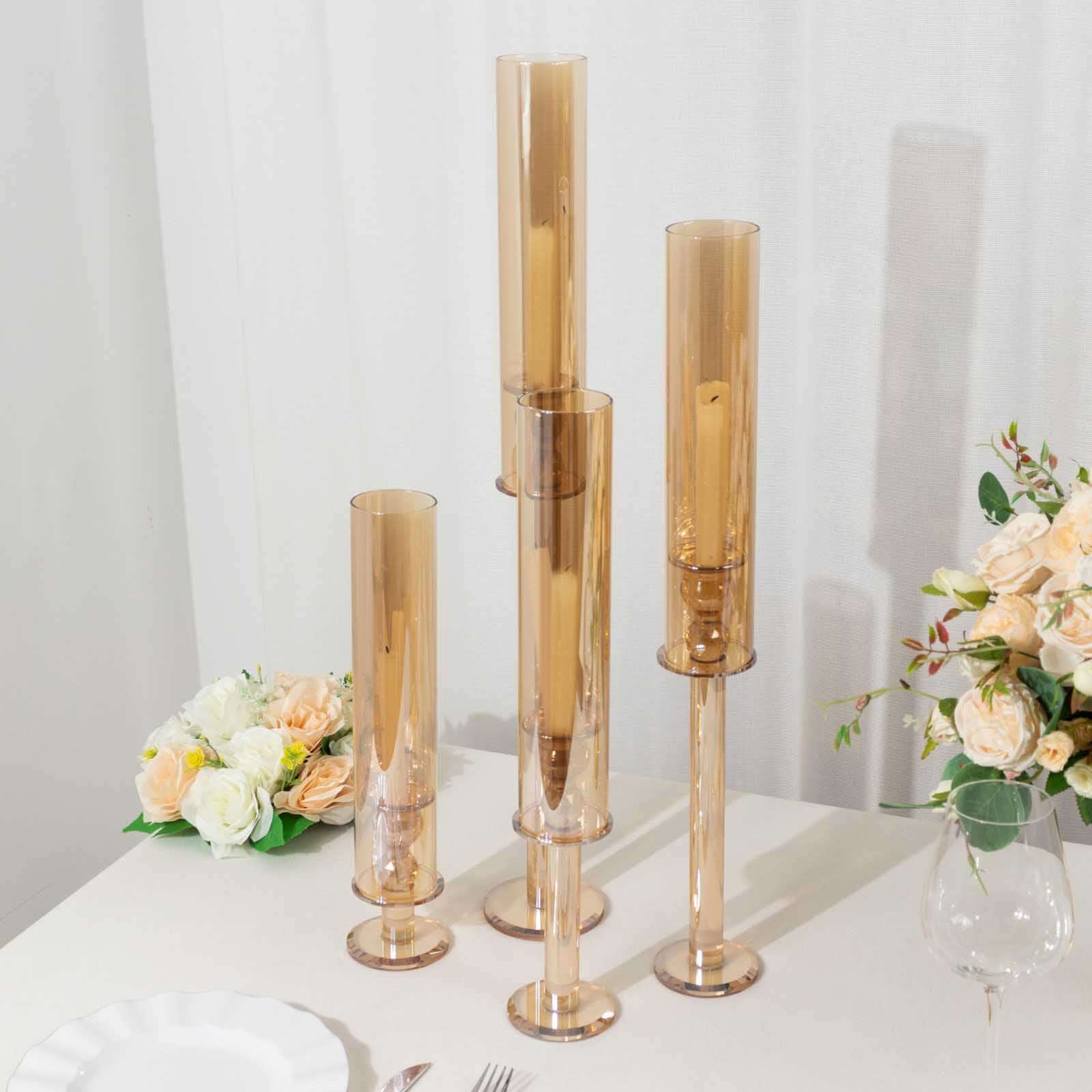 4-Piece Set of Gold Crystal Glass Hurricane Taper Candle Holders - Assorted Sizes