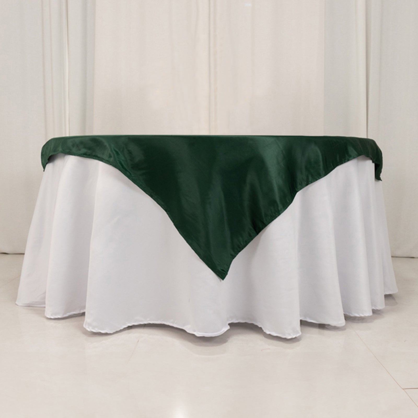 Exclusive Lamour Satin 54x54 Square Table Overlay in Hunter Emerald - Durable Silk-Like Cover