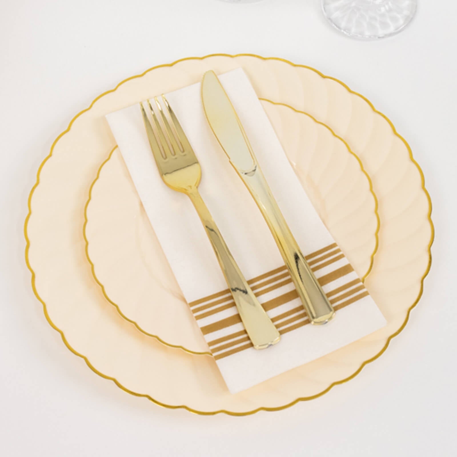 10-Pack Disposable Ivory Plastic Salad Dessert Plates with Gold Flair Rim - Great for Parties