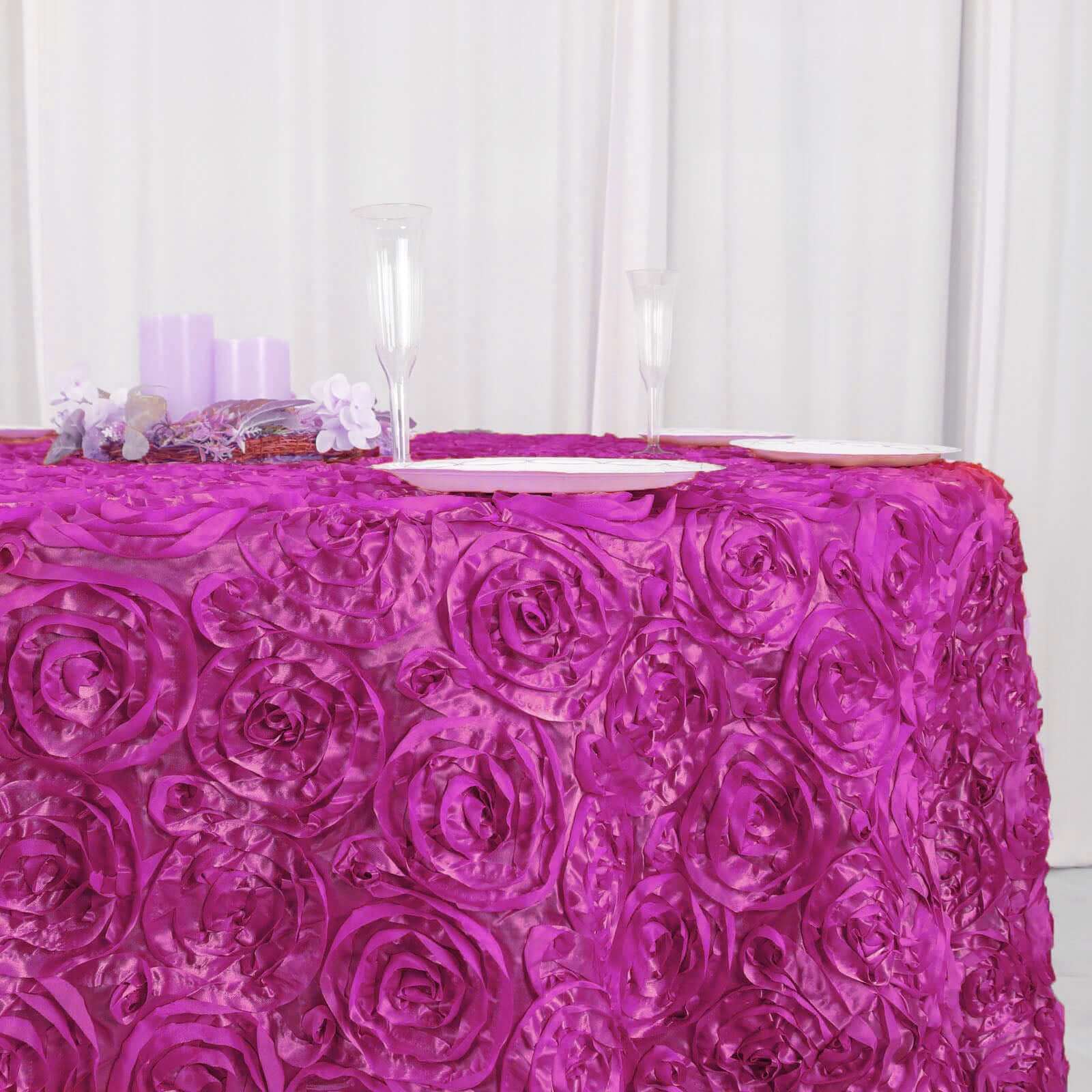 Fuchsia Satin 120 - Inch Round Tablecloth with Stunning 3D Rosette and Seamless Finish