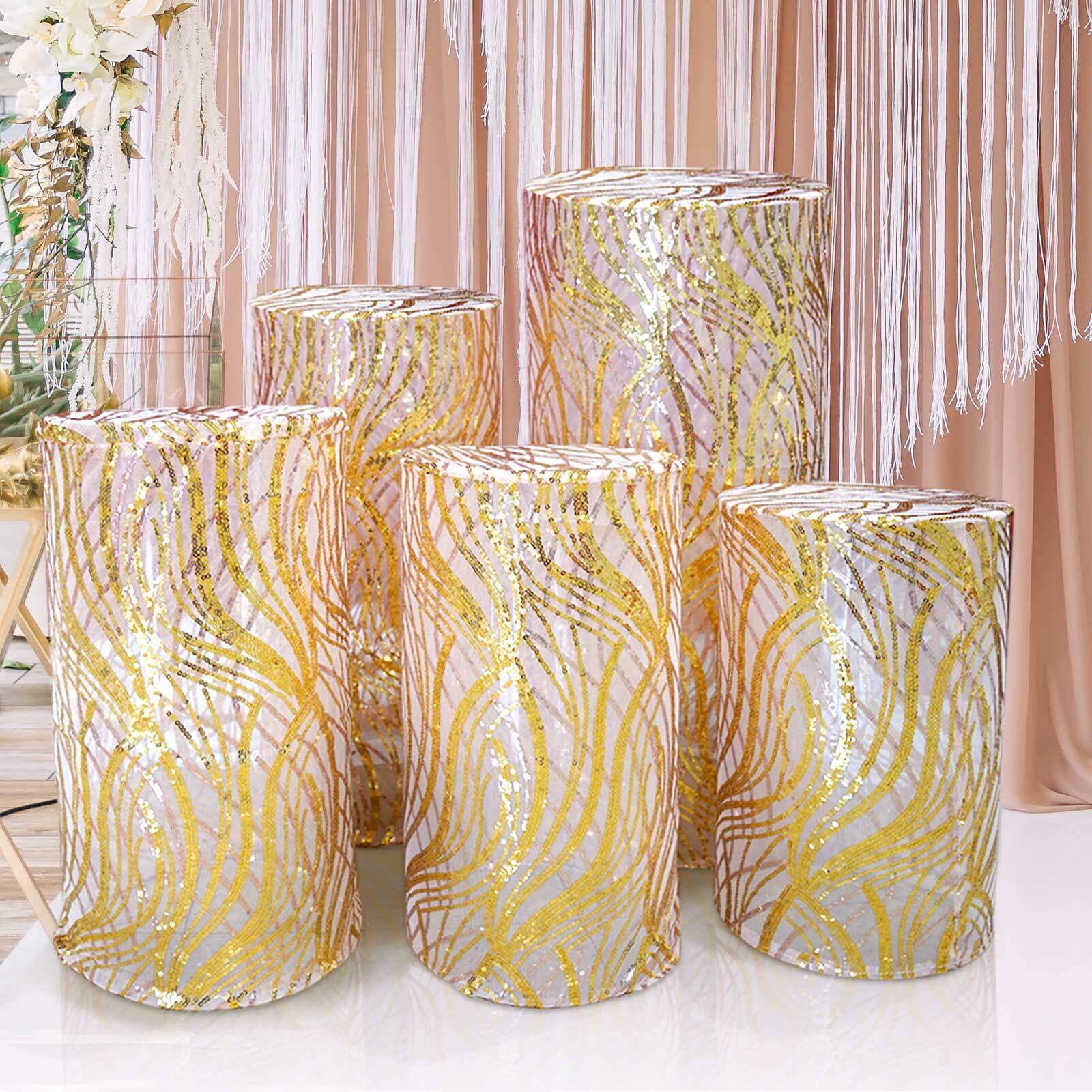 Set of 5 Rose Gold and Gold Sparkly Wave Sequin Mesh Cylinder Pedestal Stand Covers