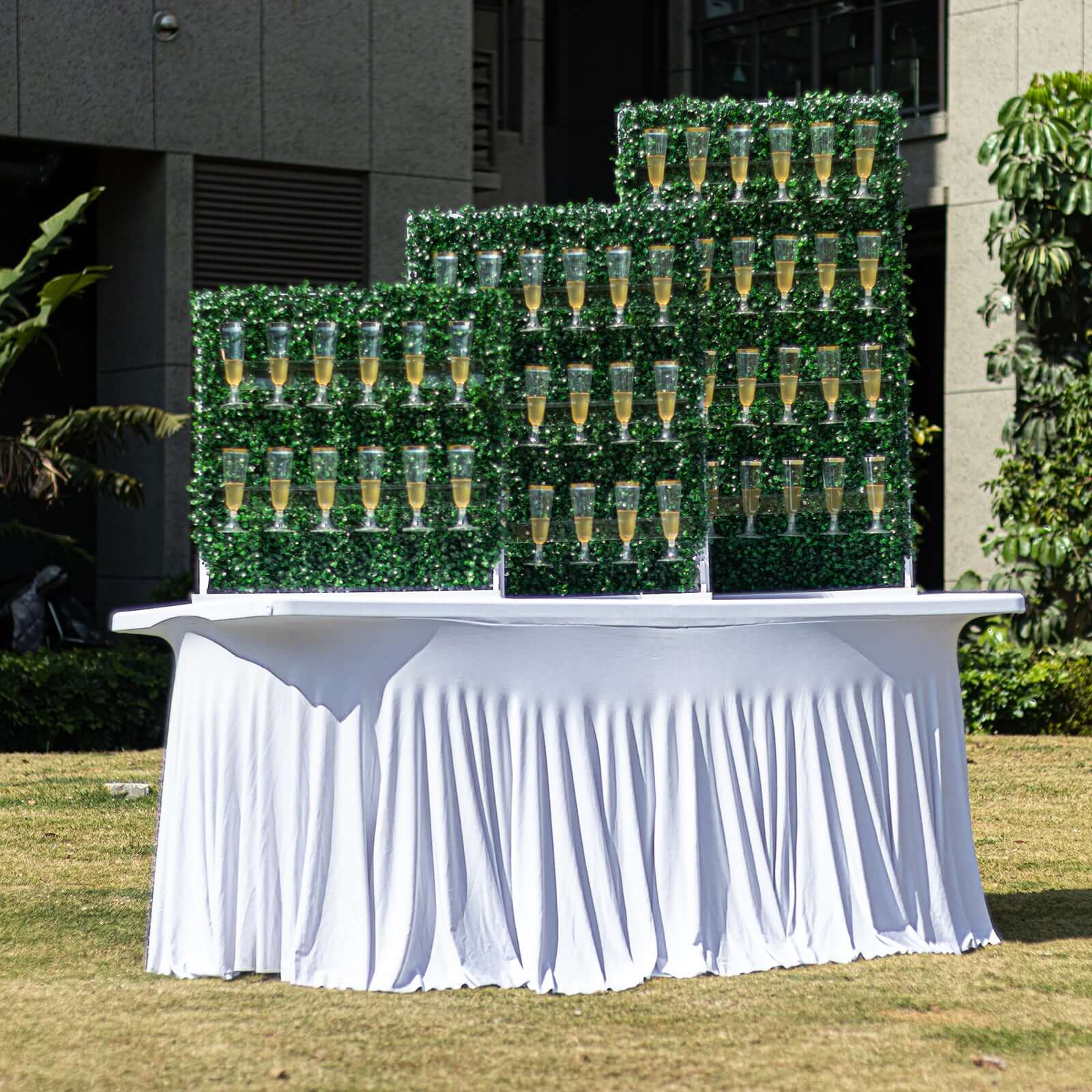 Exclusive Set of 3 Green Champagne Wall Glass Holders - Tiered Faux Boxwood Stemware Racks for Classy Events