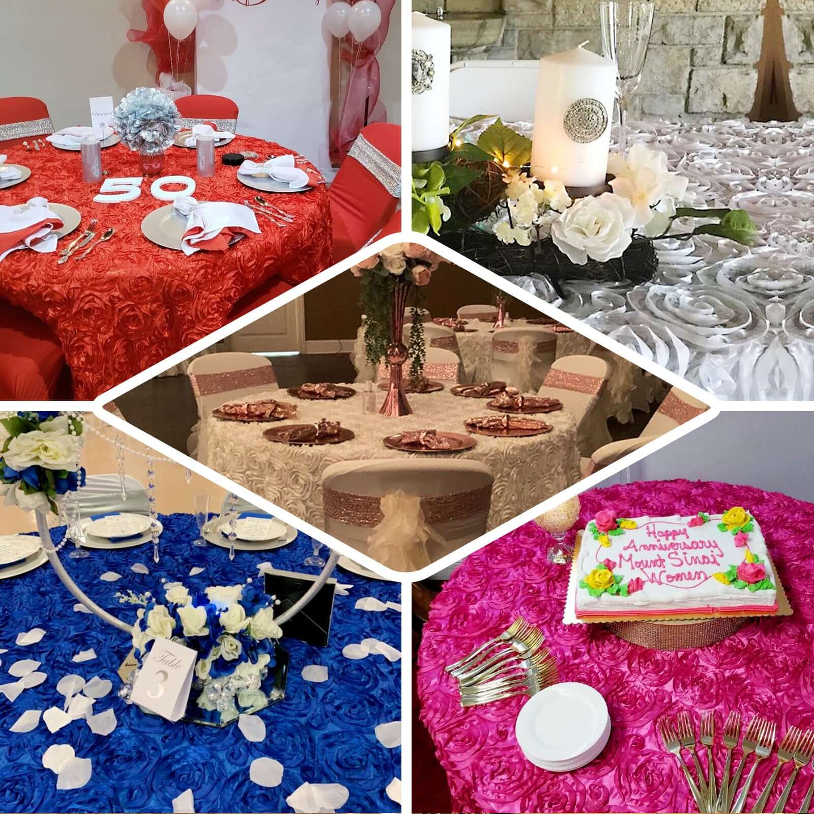 Hot Sale! 120-Inch Pink Satin Round Tablecloth with Stunning 3D Rosette and Seamless Finish