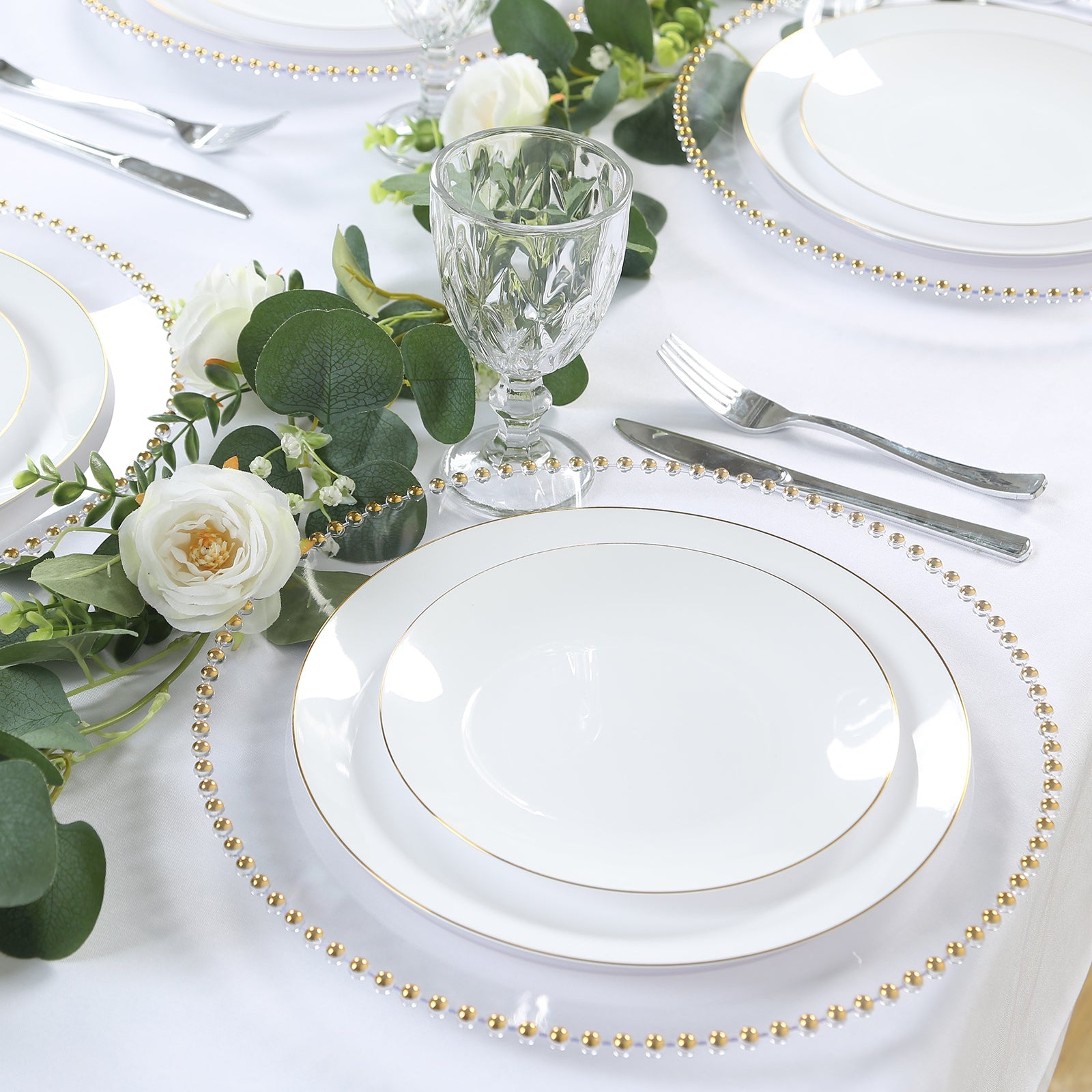 10-Piece Set of Clear 13-Inch Round Plastic Charger Plates with Gold Beaded Rim for Stylish Dinner Parties