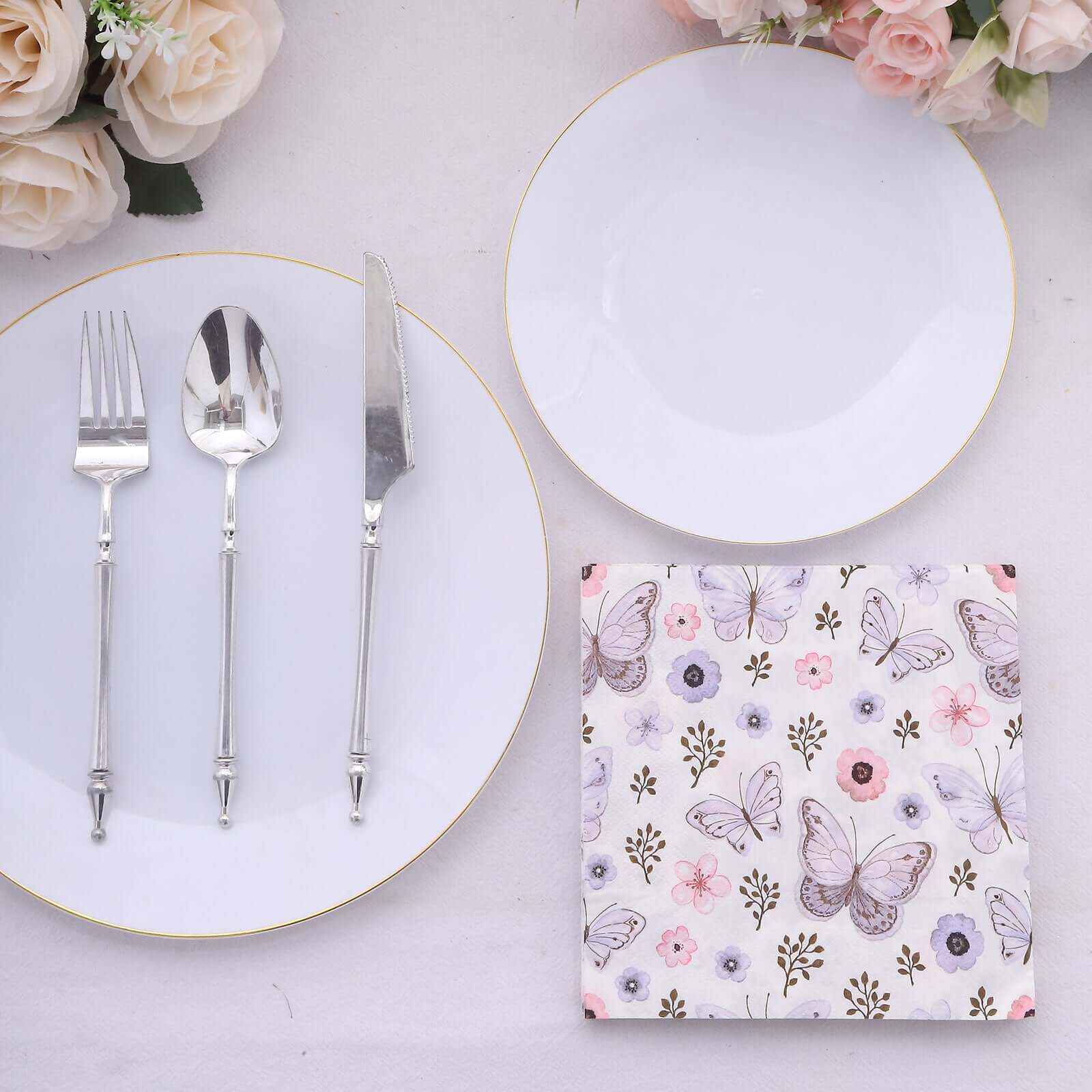 20-Pack 2-Ply Soft 18GSM Ivory Paper Beverage Napkins with Lavender Butterfly Floral Design for Garden Weddings
