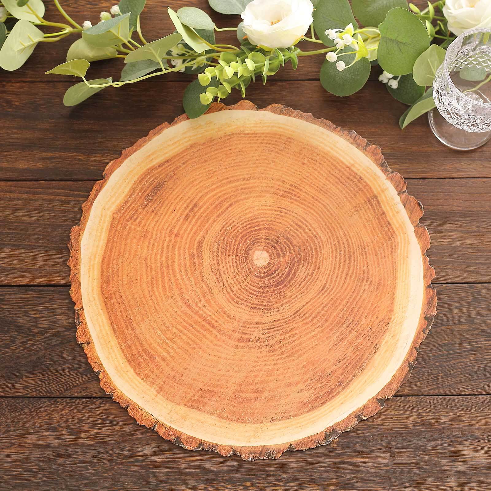 6-Piece Disposable Round Cardboard Placemats with Natural Wood Slice Print, 700GSM, 13 Inches