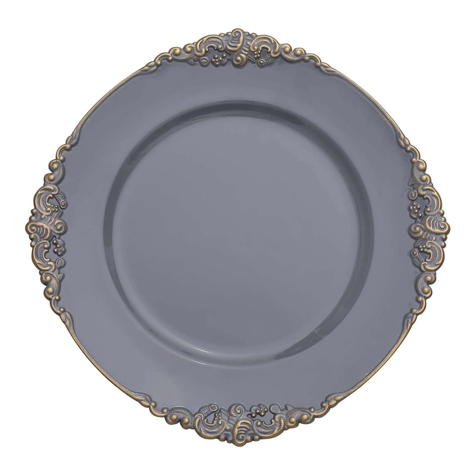 6-Pack 13-Inch Charcoal Gray Acrylic Round Charger Plates with Gold Embossed Baroque Rim - Ideal for Dinner Parties
