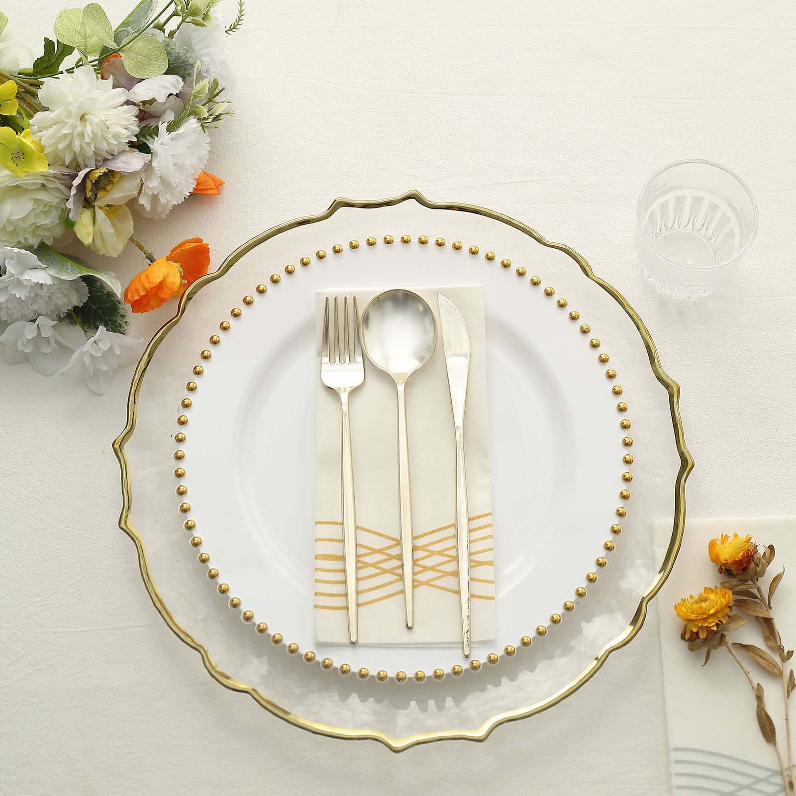 Hot Deal! 10-Pack Disposable White Plastic Round Dinner Plates with Gold Beaded Rim for Banquets