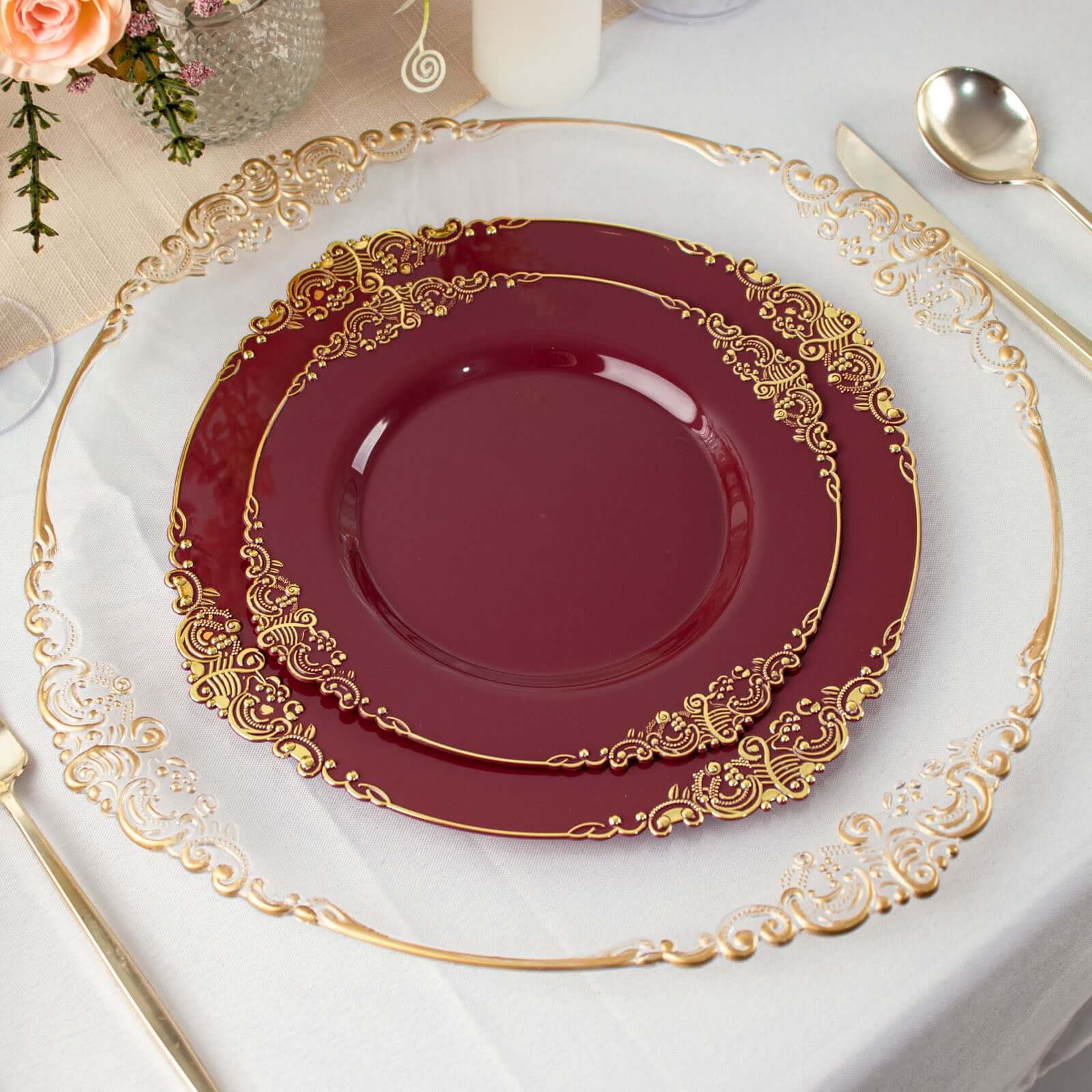 Hot Deal! 10-Pack Disposable Burgundy Plastic Round Dinner Plates with Gold Leaf Embossed Rim, Vintage Baroque Style